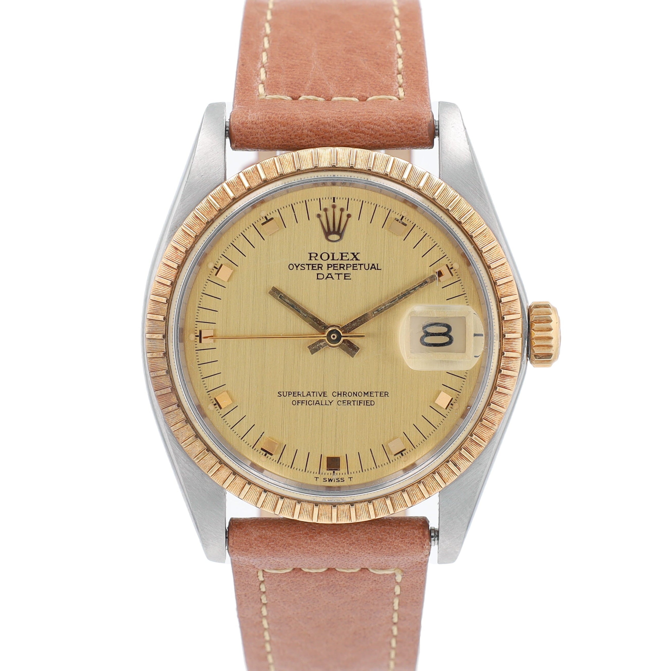 Rolex Date 1505 34mm Champagne Diamond Marker Dial Engine-Turned Bezel - Luxuriant Concierge