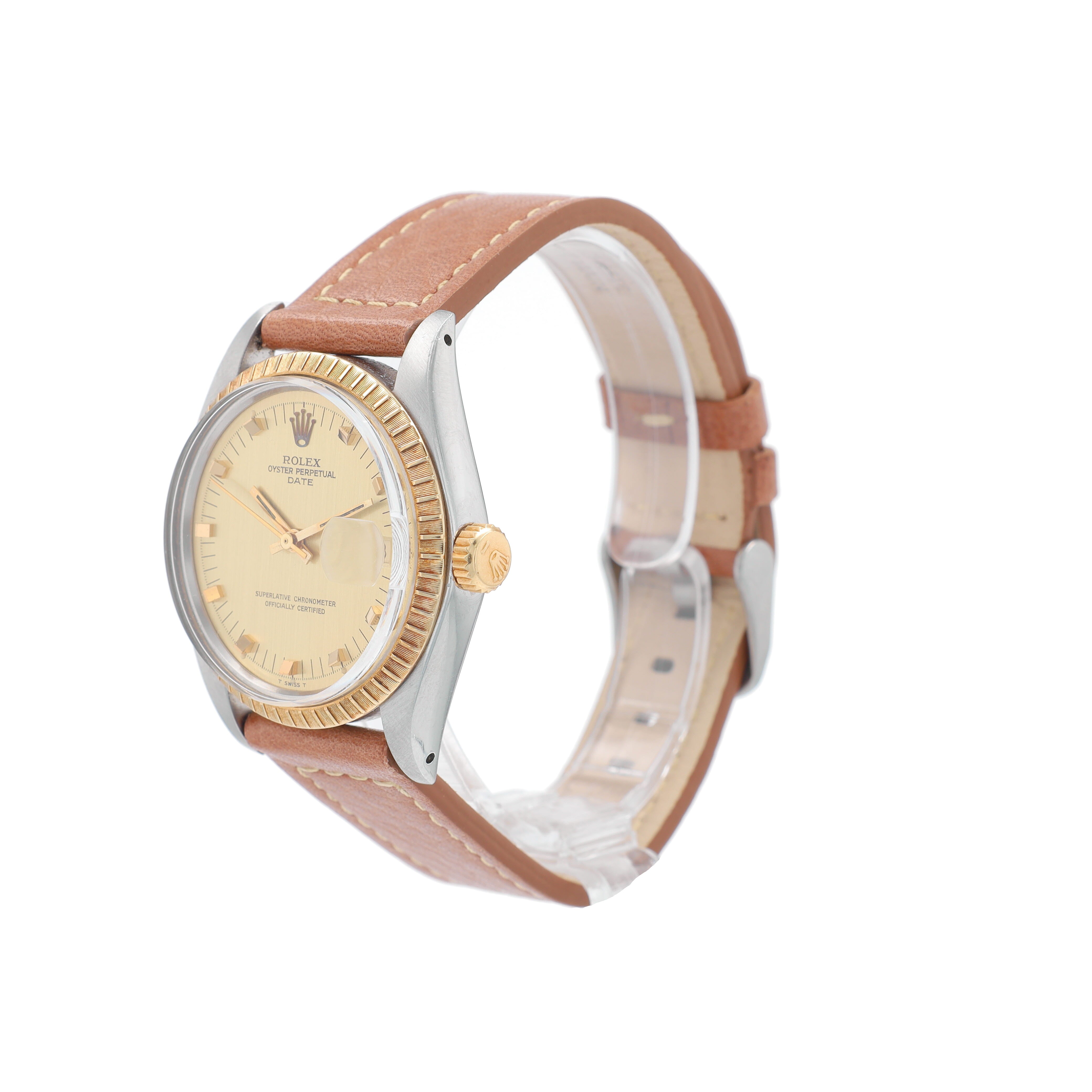 Rolex Date 1505 34mm Champagne Diamond Marker Dial Engine-Turned Bezel - Luxuriant Concierge