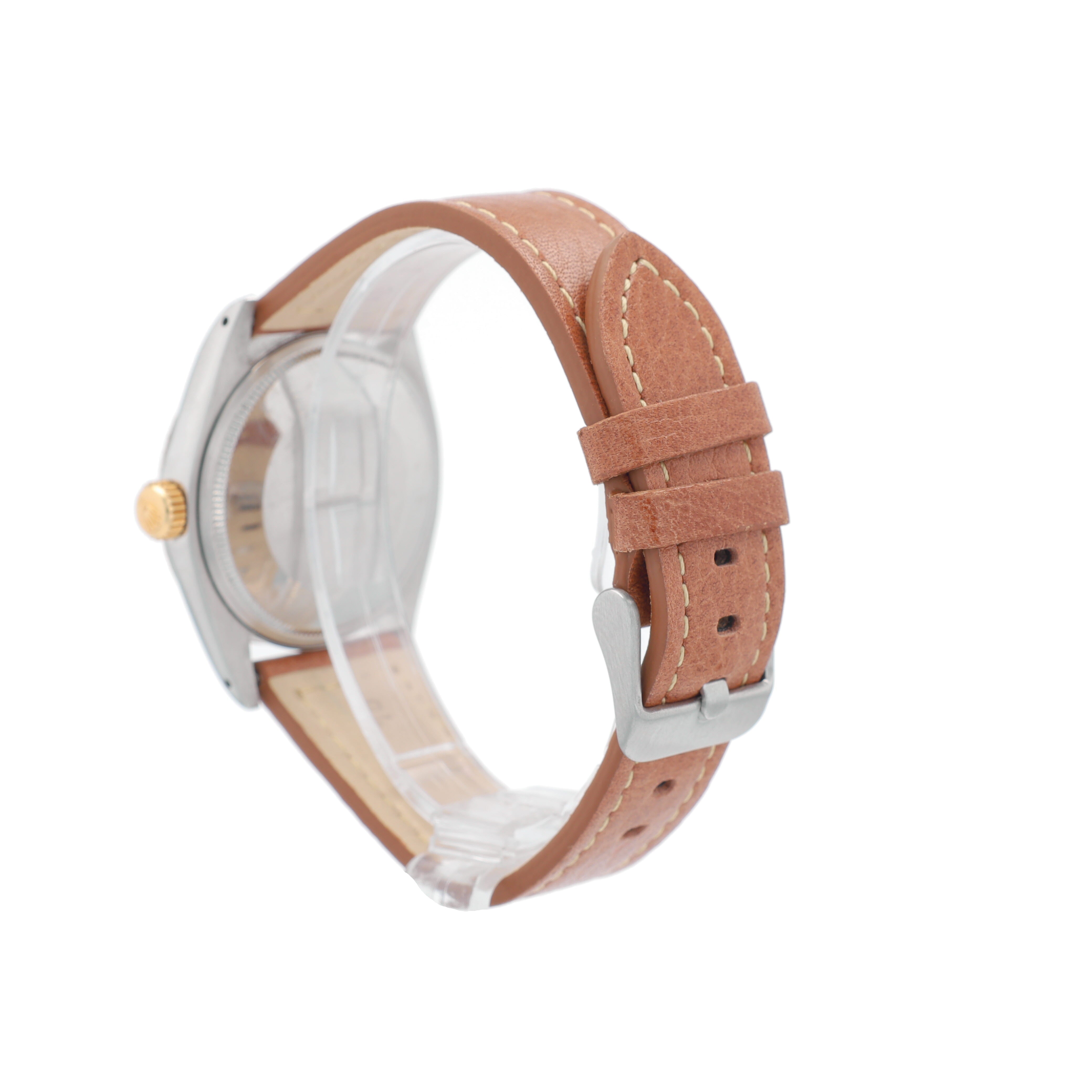 Rolex Date 1505 34mm Champagne Diamond Marker Dial Engine-Turned Bezel - Luxuriant Concierge