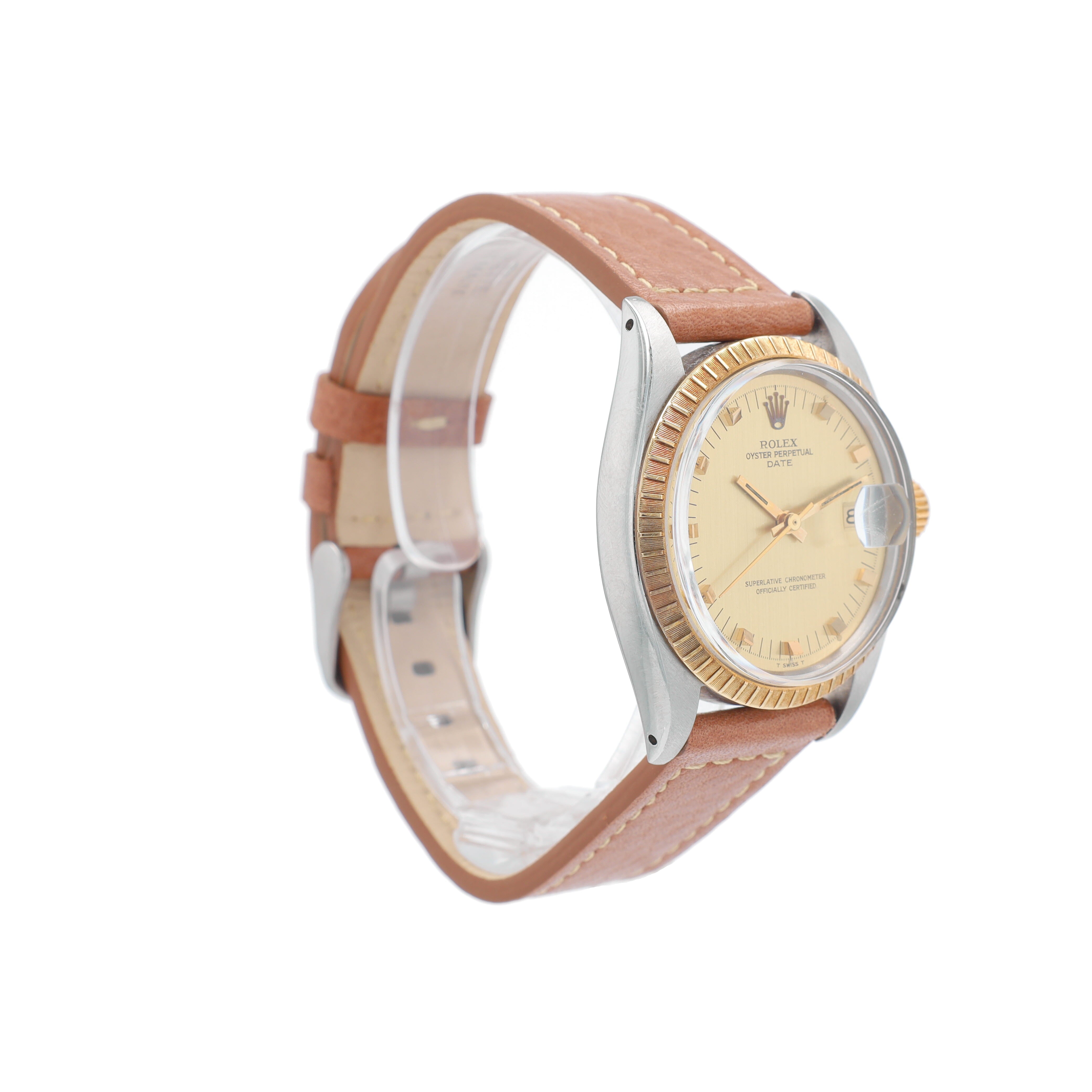 Rolex Date 1505 34mm Champagne Diamond Marker Dial Engine-Turned Bezel - Luxuriant Concierge