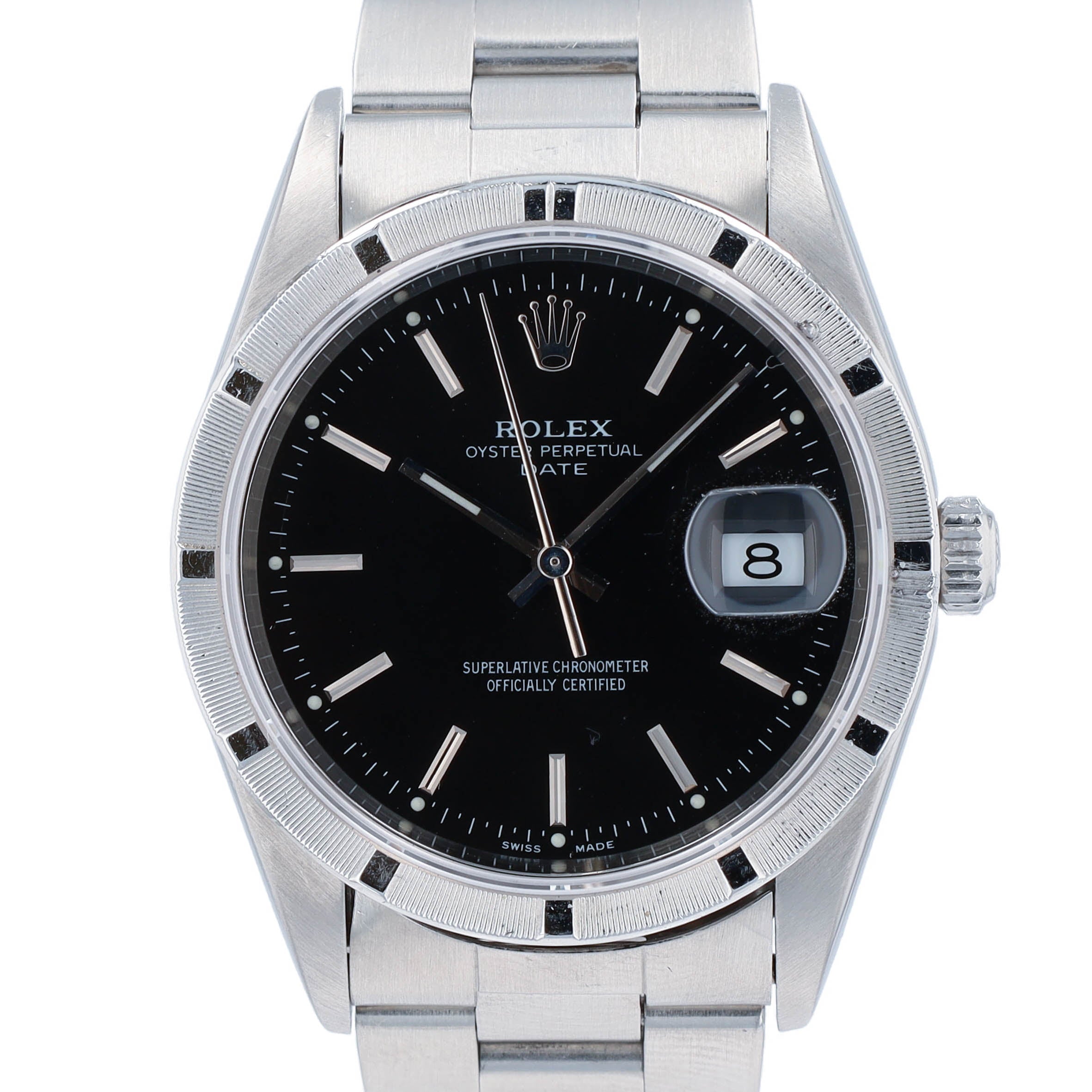 Rolex Date 15210 34mm Black Index Dial Engine-Turned Bezel Oyster Watch - Luxuriant Concierge