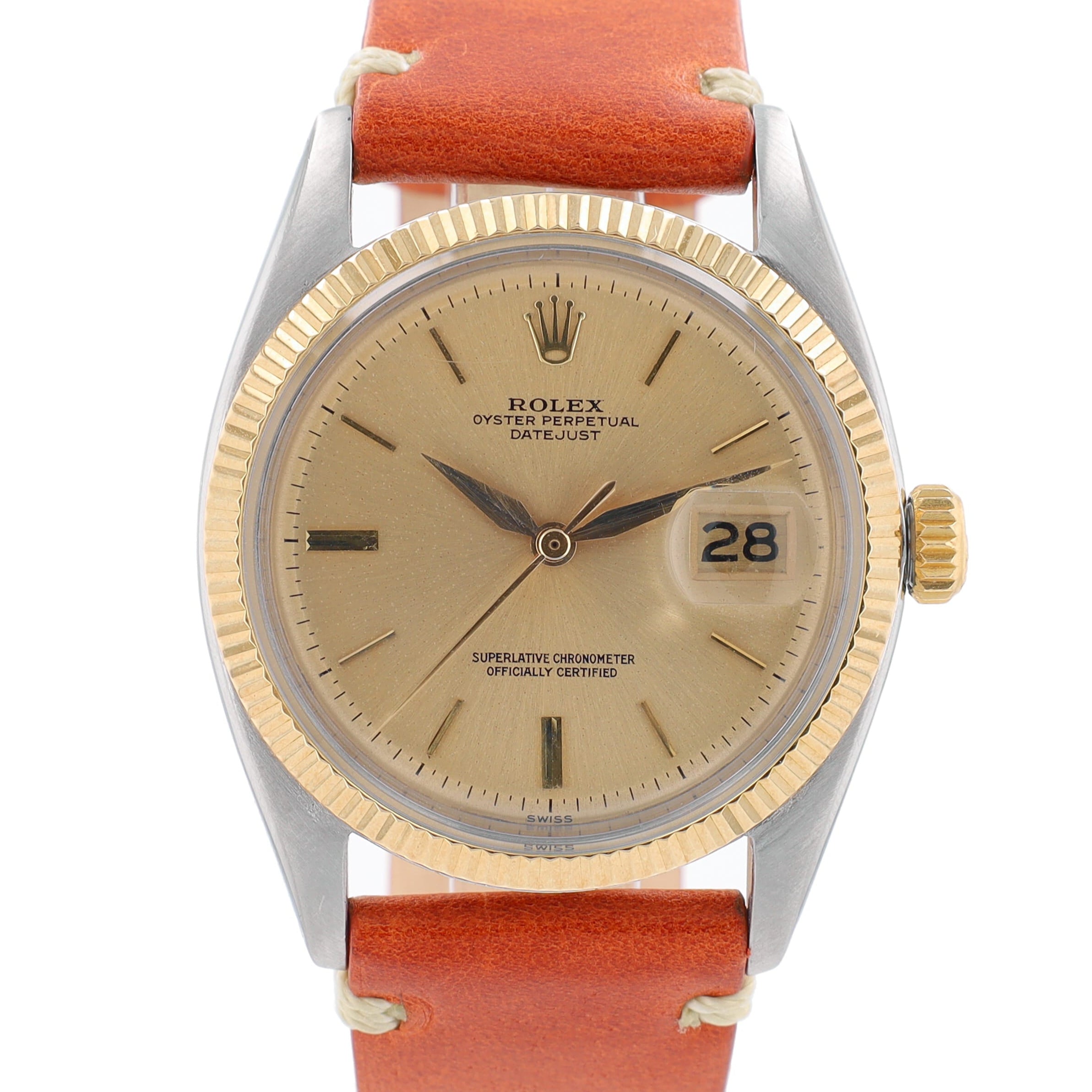 Rolex Datejust 1601 36mm Champagne Index 8+2 Dial Fluted Bezel TAn Crocodile Band