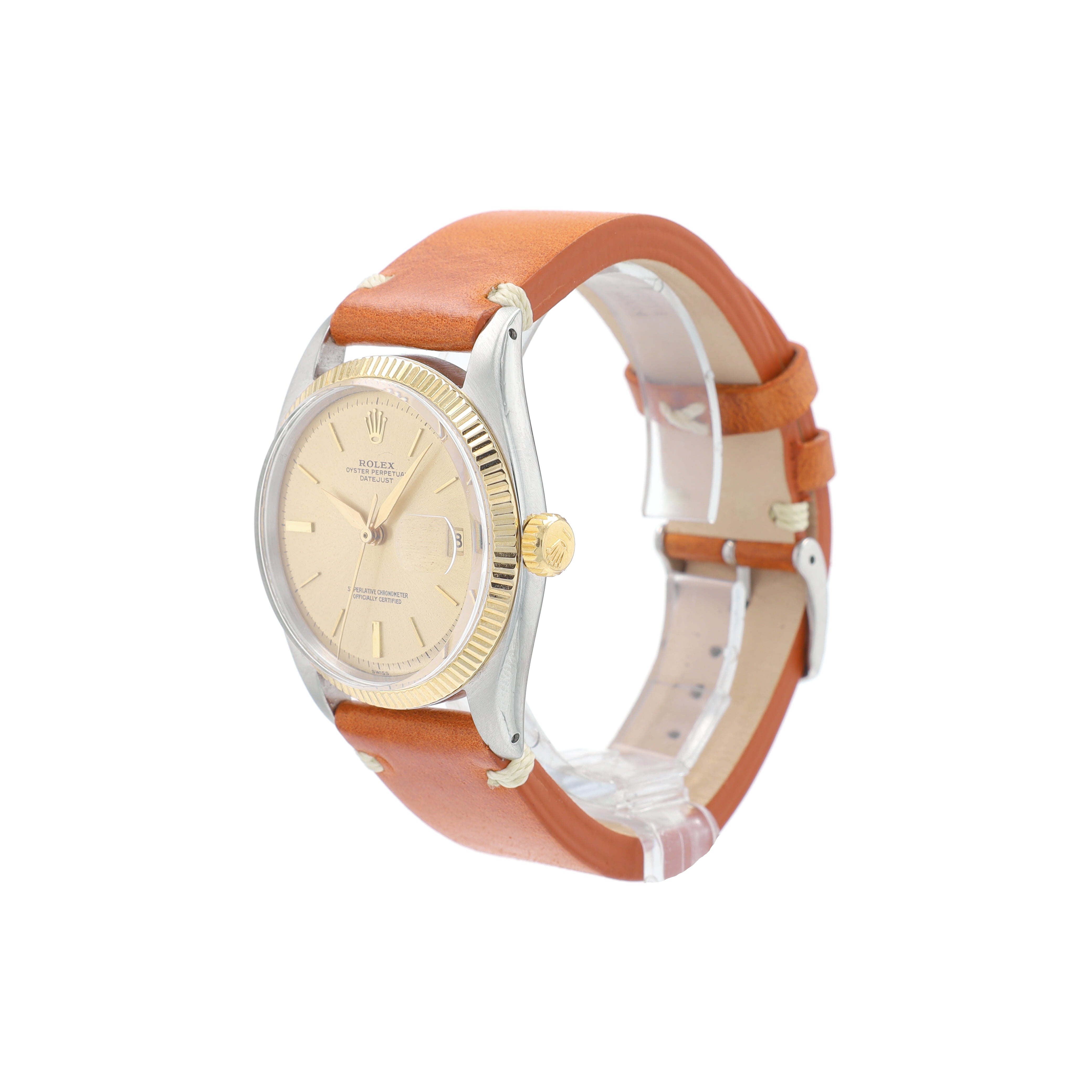 Rolex Datejust 1601 36mm Champagne Index 8+2 Dial Fluted Bezel TAn Crocodile Band - Luxuriant Concierge