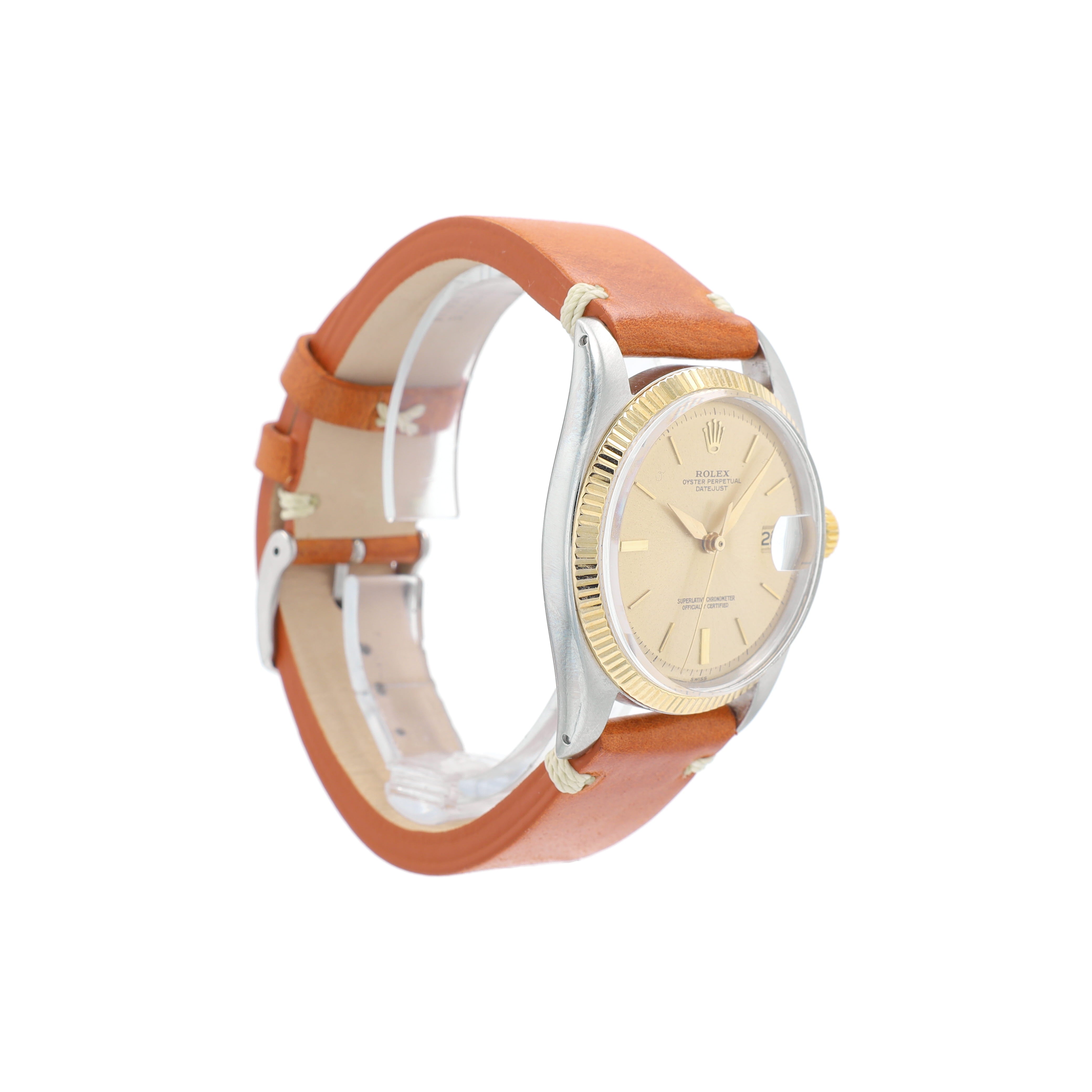 Rolex Datejust 1601 36mm Champagne Index 8+2 Dial Fluted Bezel TAn Crocodile Band - Luxuriant Concierge