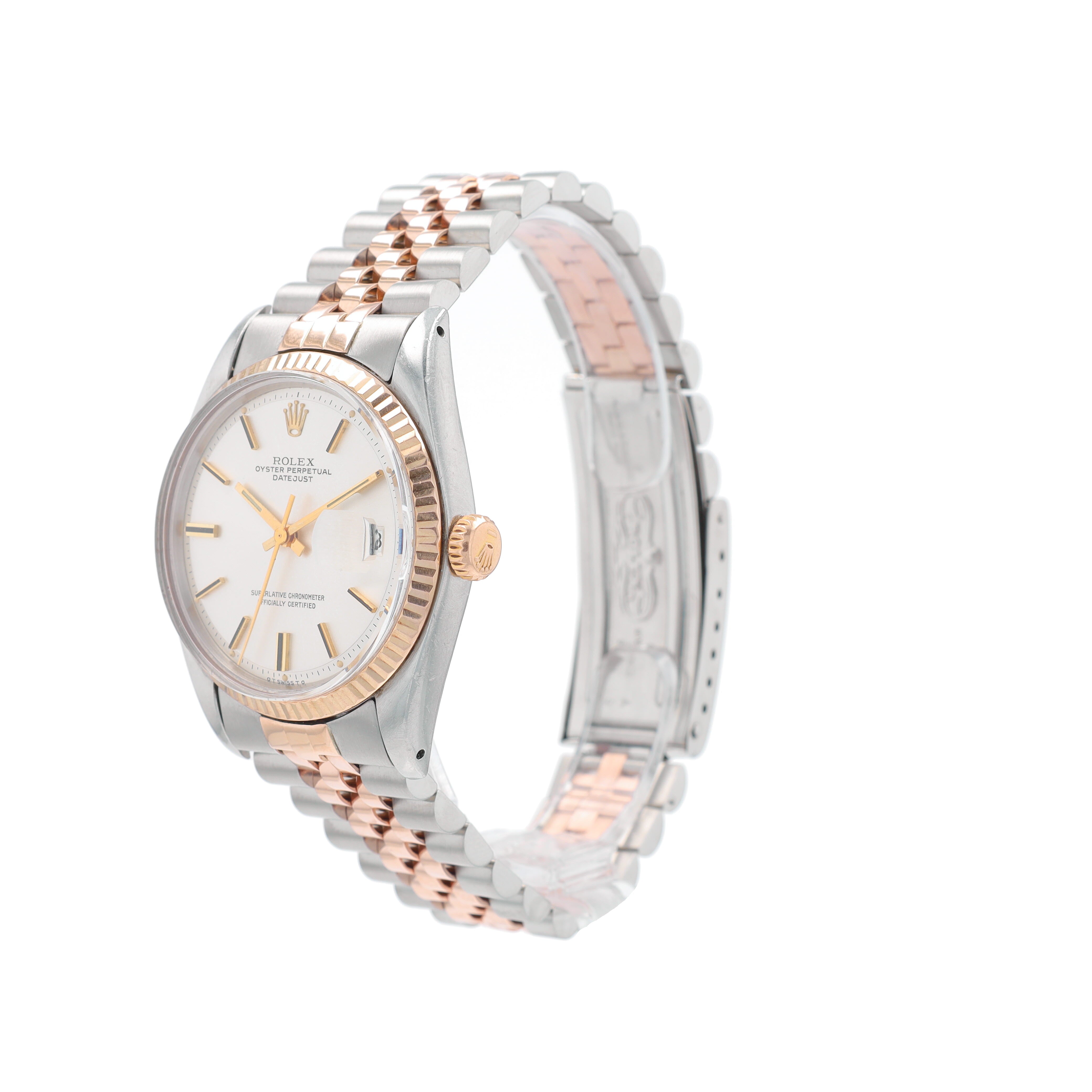 Rolex RARE Rosegold Datejust 1601 36mm Silver Index Dial Fluted Bezel Jubilee Band - Luxuriant Concierge