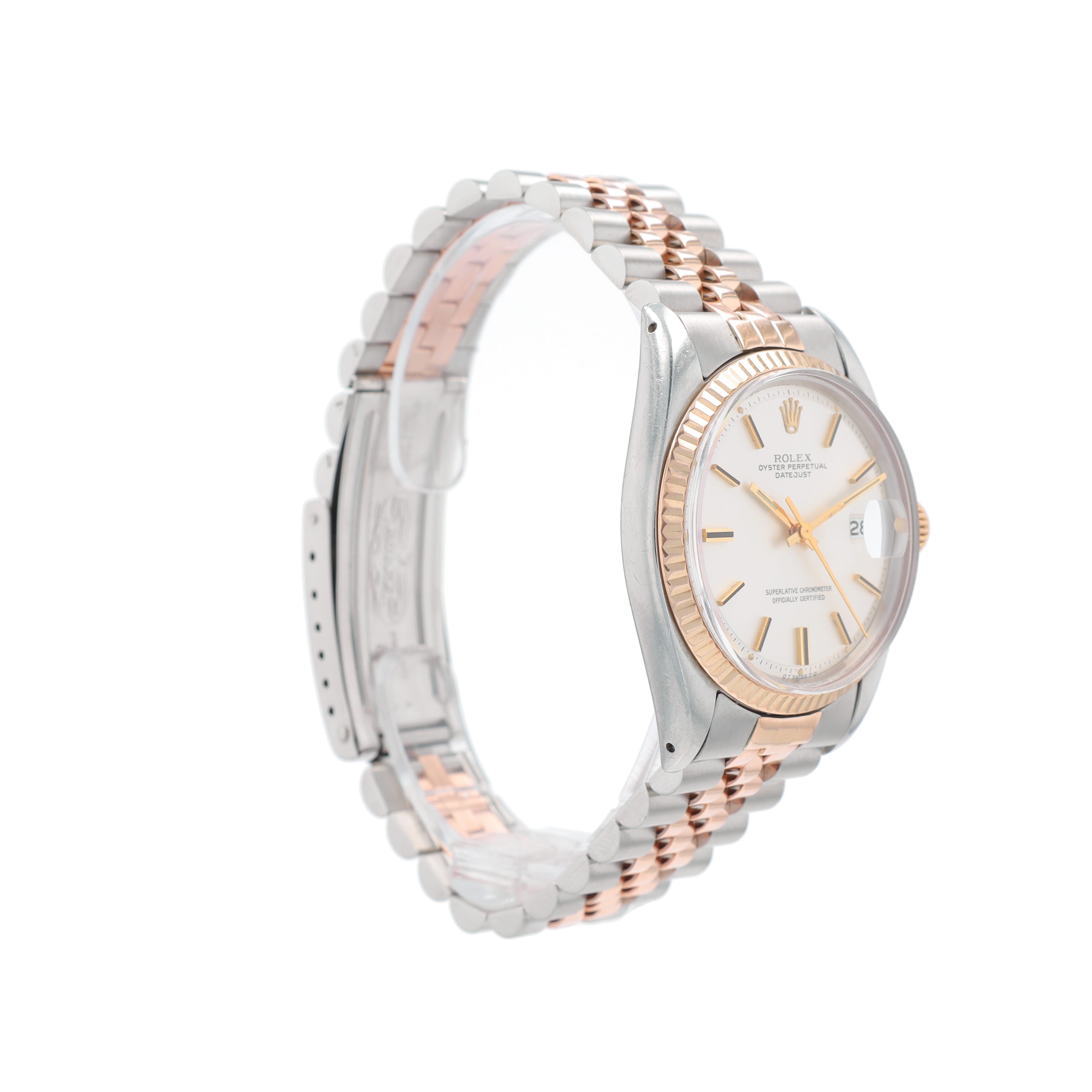 Rolex RARE Rosegold Datejust 1601 36mm Silver Index Dial Fluted Bezel Jubilee Band - Luxuriant Concierge