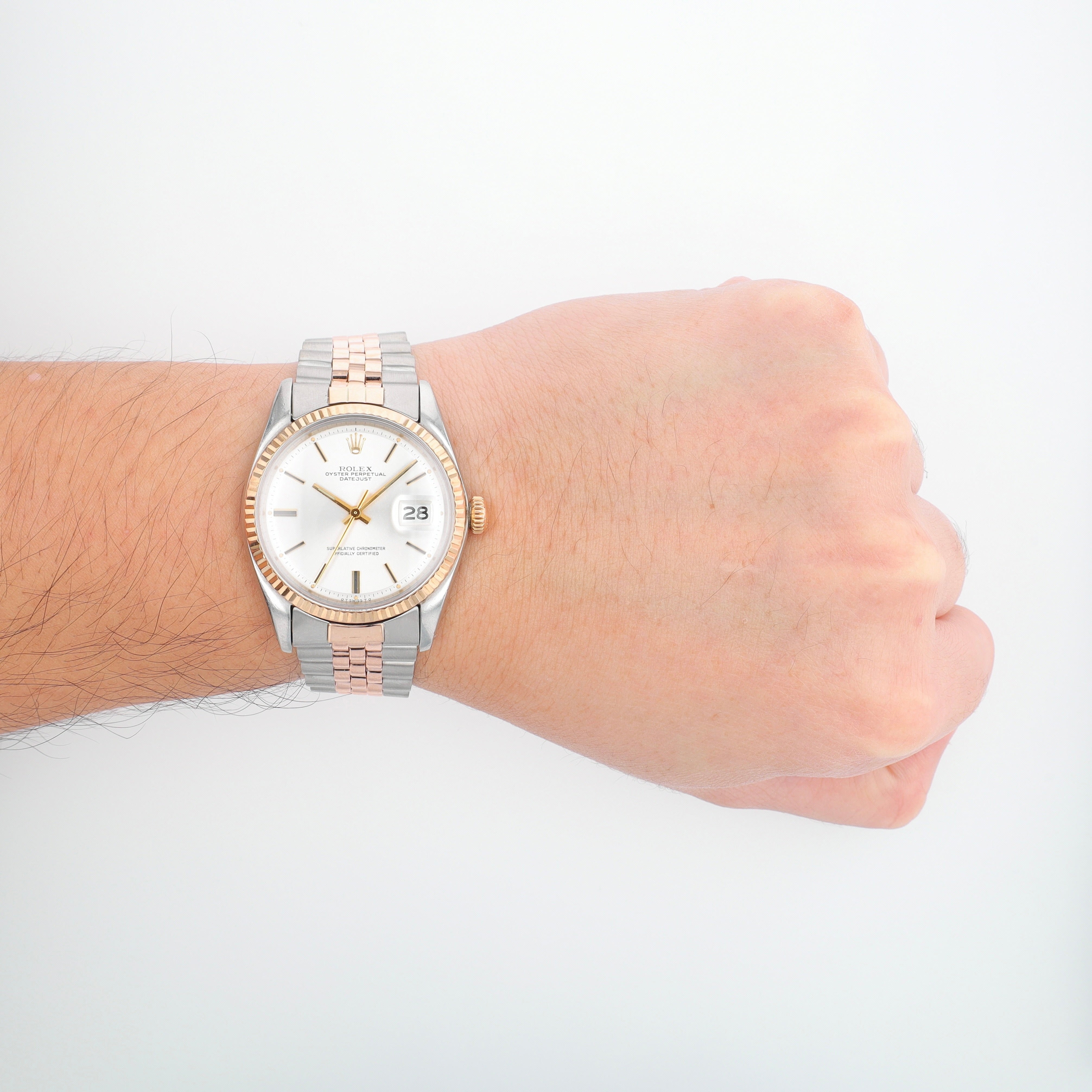 Rolex RARE Rosegold Datejust 1601 36mm Silver Index Dial Fluted Bezel Jubilee Band - Luxuriant Concierge