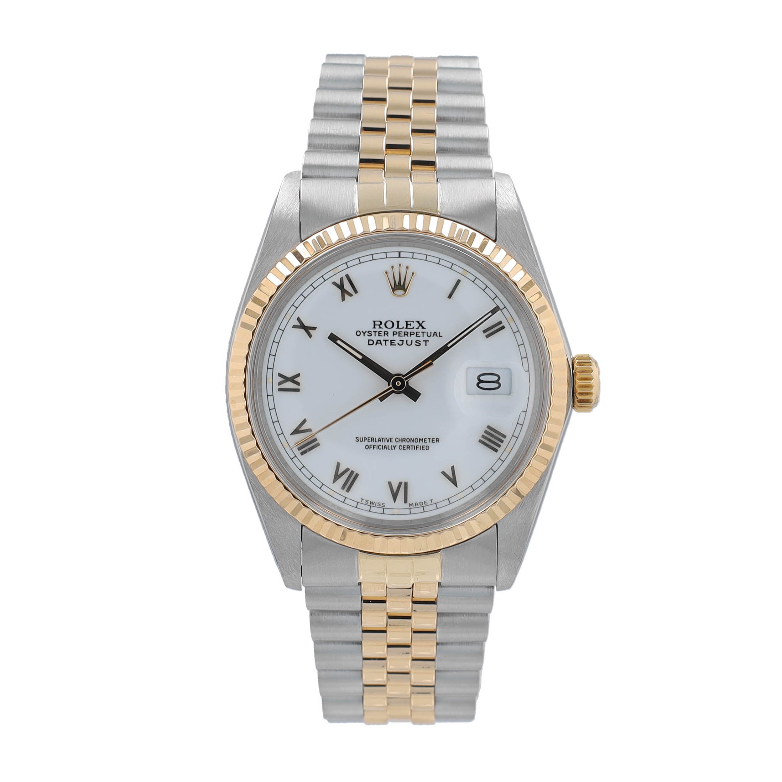 Rolex Datejust 16013 36mm White Roman Numeral Dial Fluted Bezel Jubille Band