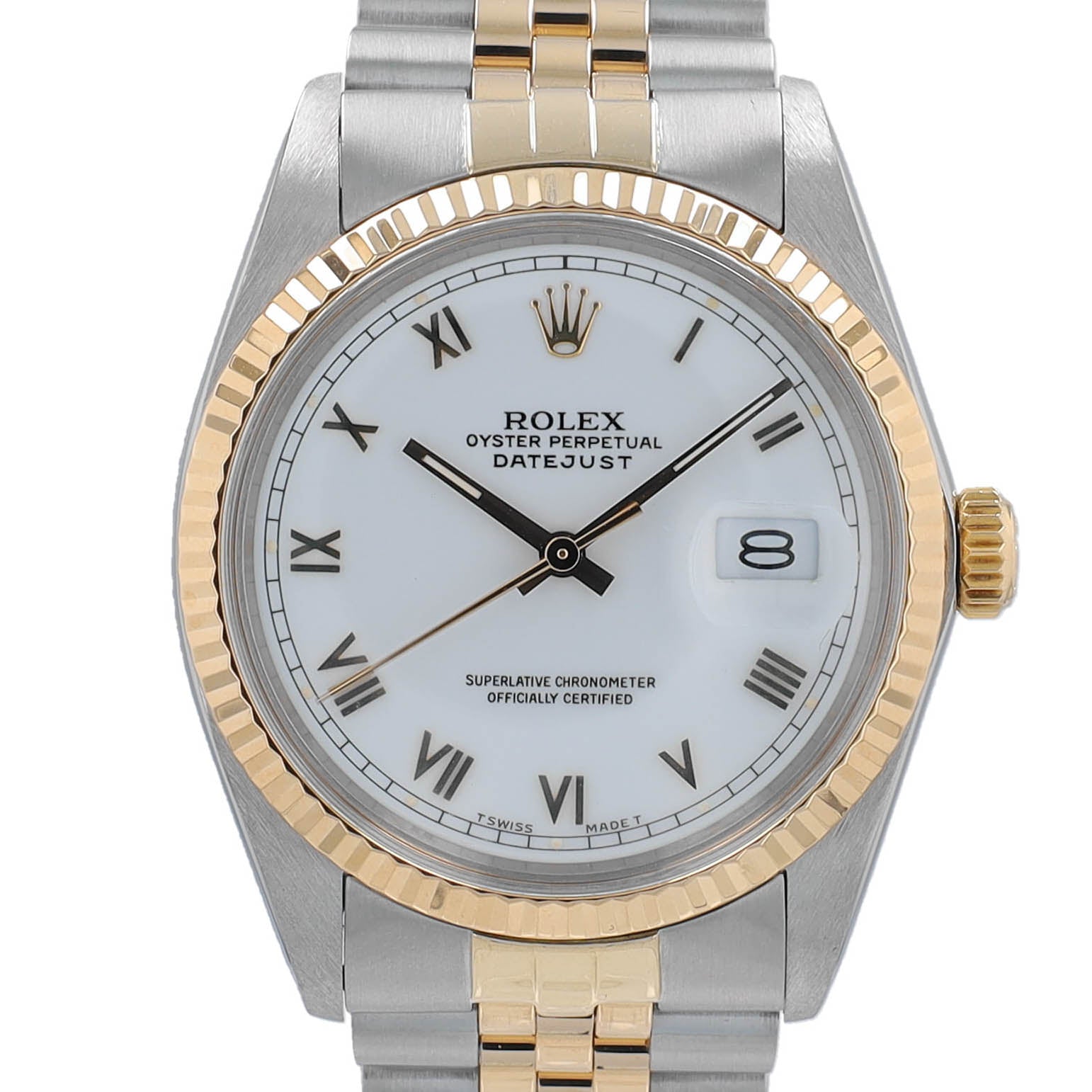 Rolex Datejust 16013 36mm White Roman Numeral Dial Fluted Bezel Jubille Band