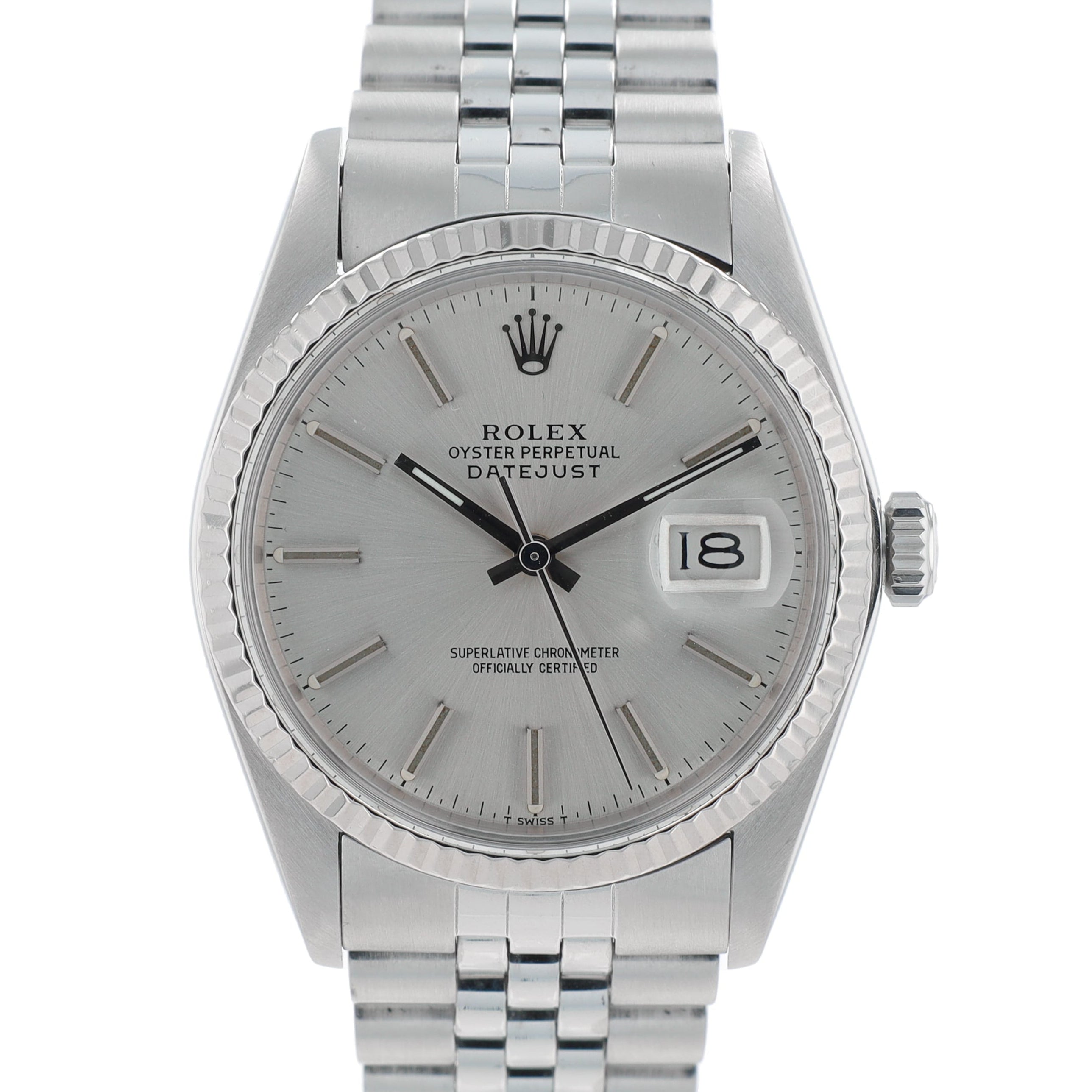 Rolex Datejust 16014 36mm Silver Index Dial Fluted Bezel Jubilee Band - Luxuriant Concierge
