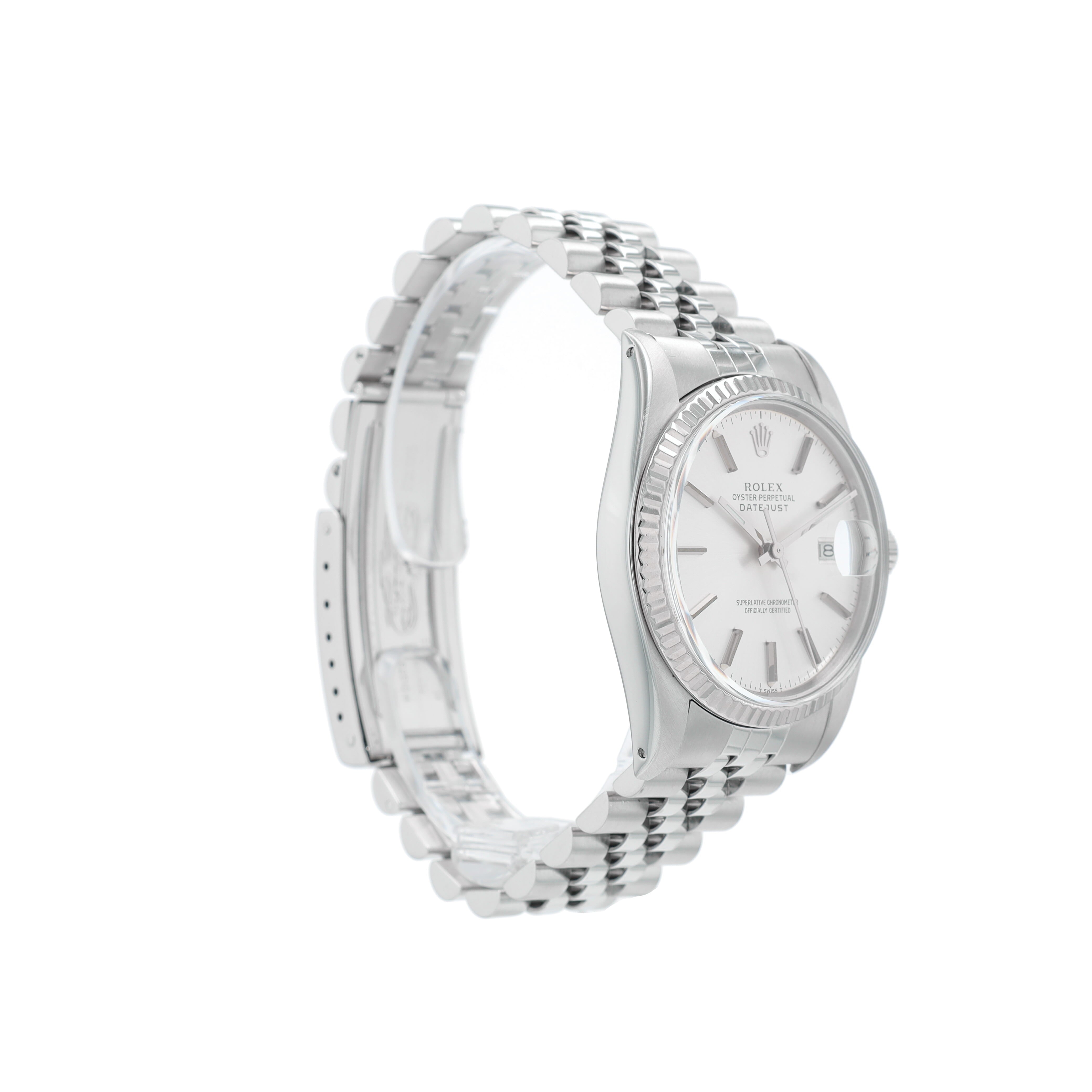 Rolex Datejust 16014 36mm Silver Index Dial Fluted Bezel Jubilee Band - Luxuriant Concierge