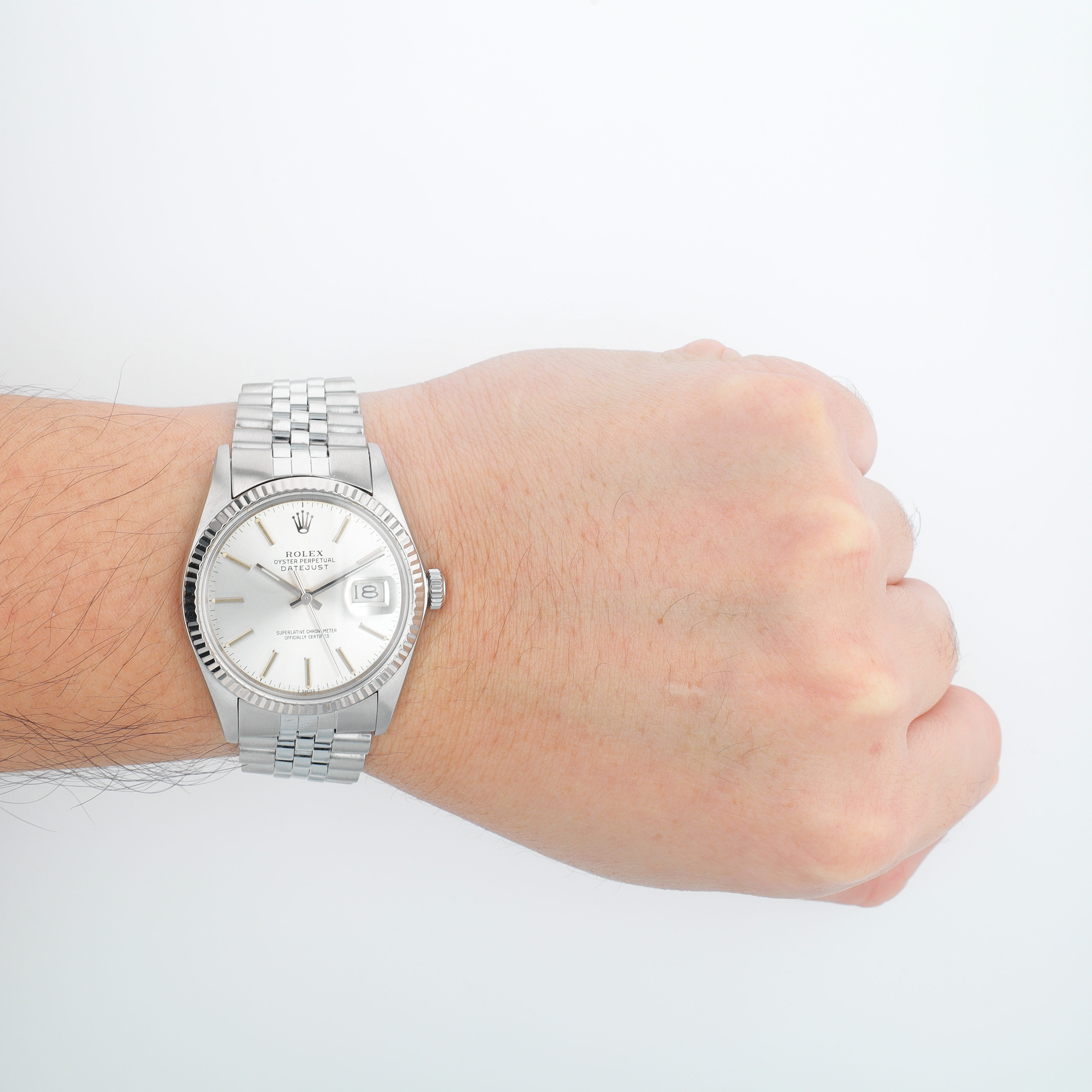 Rolex Datejust 16014 36mm Silver Index Dial Fluted Bezel Jubilee Band - Luxuriant Concierge