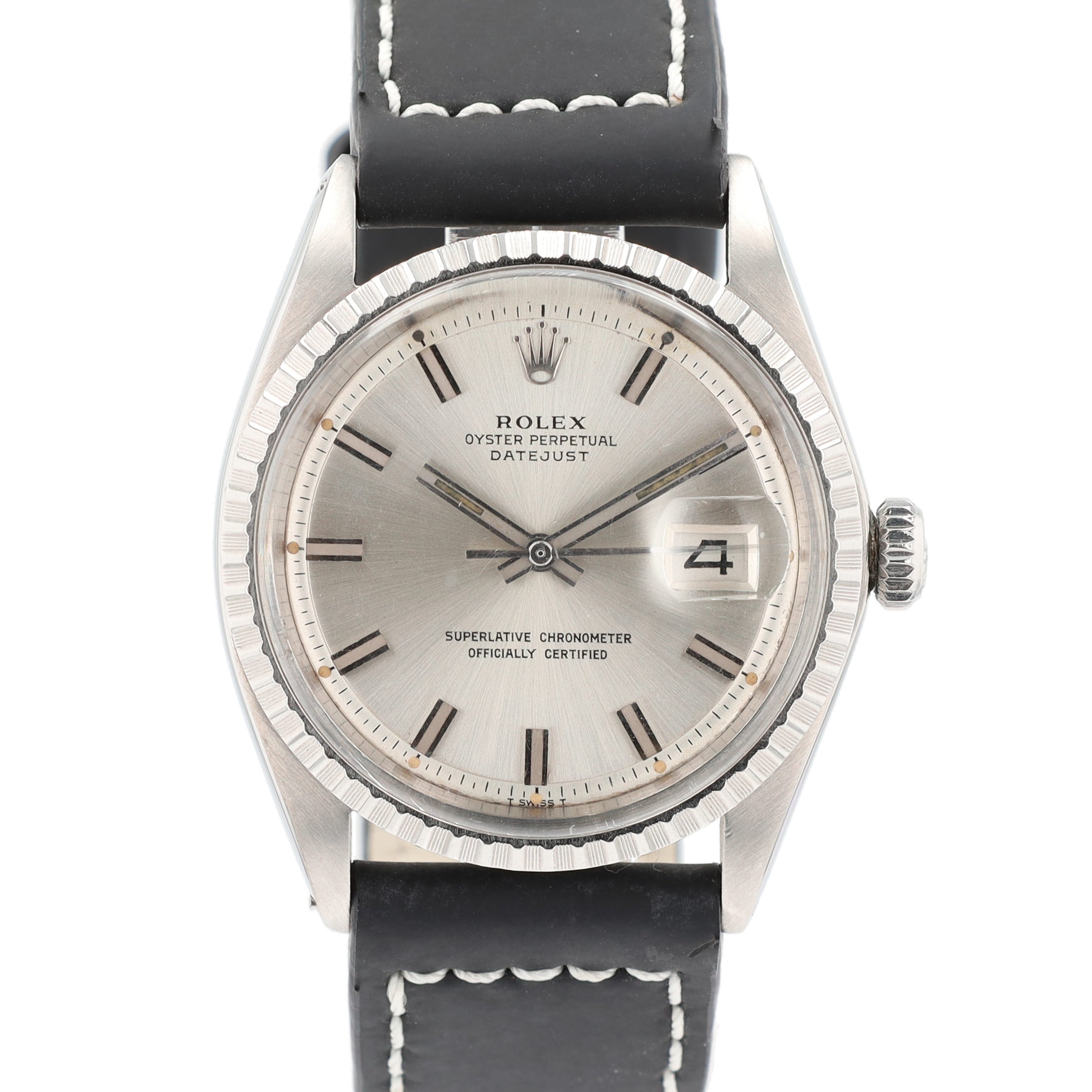 Rolex Datejust 1603 36mm Silver Index - Fatboy Dial Engine-Turned Bezel Black Band - Luxuriant Concierge