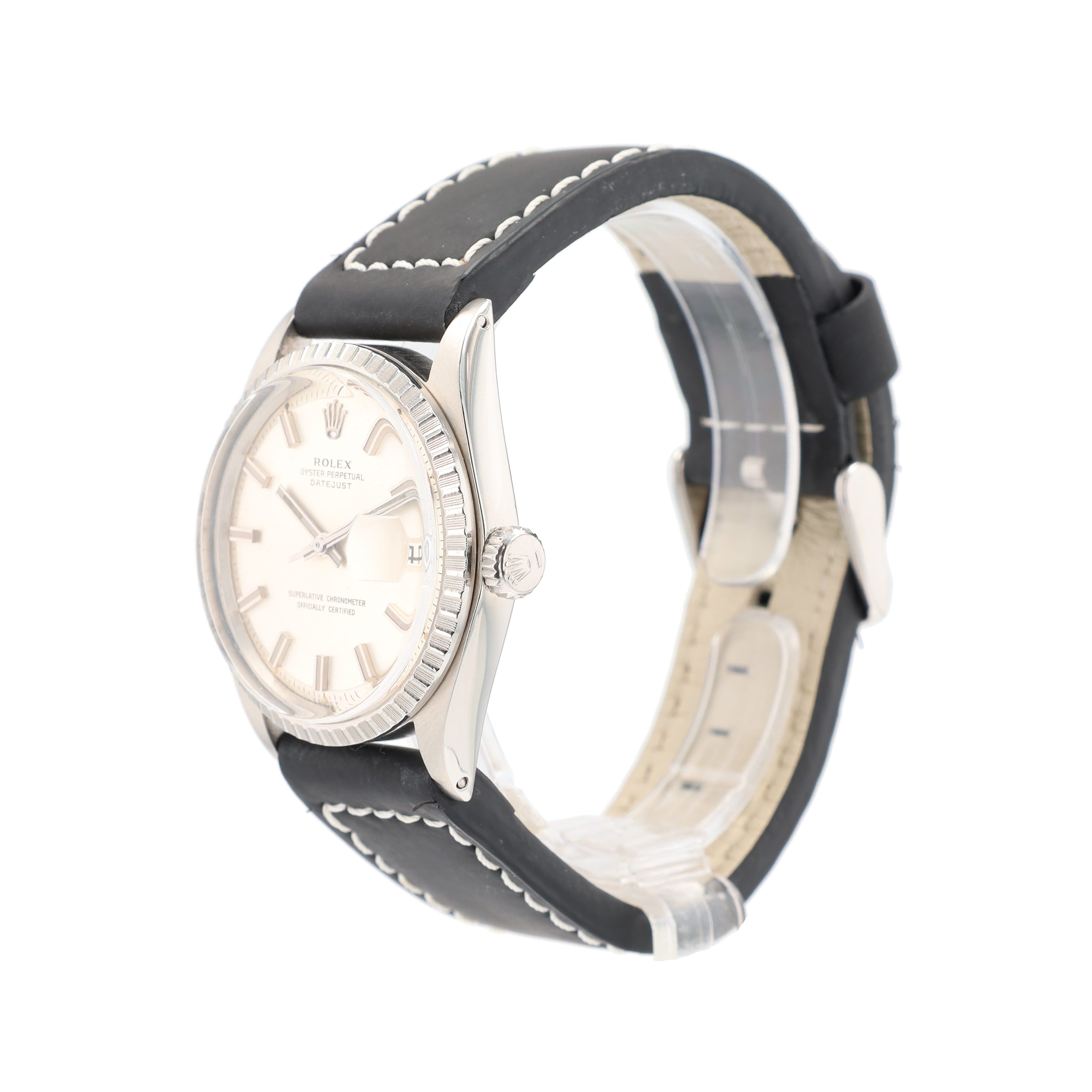 Rolex Datejust 1603 36mm Silver Index - Fatboy Dial Engine-Turned Bezel Black Band - Luxuriant Concierge
