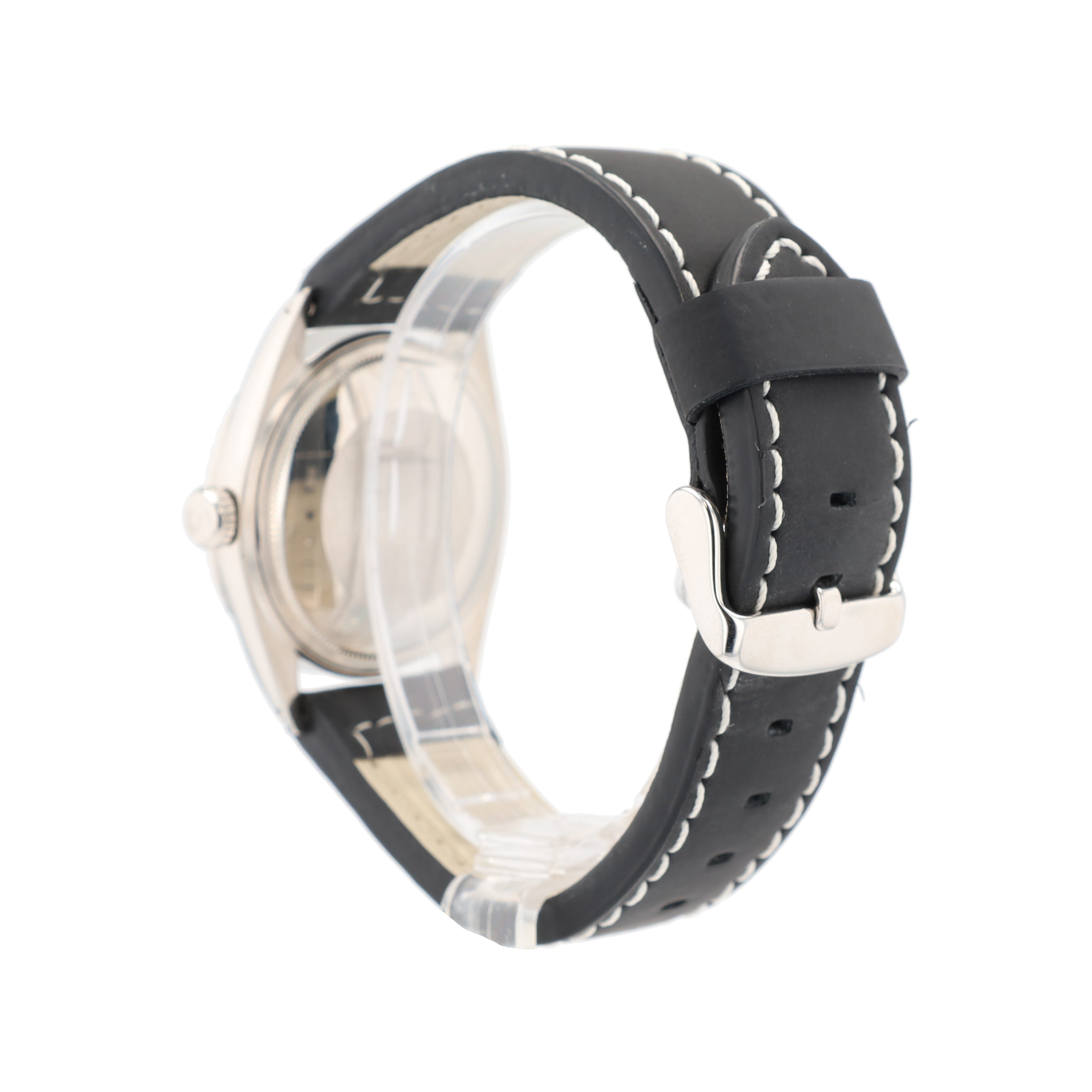 Rolex Datejust 1603 36mm Silver Index - Fatboy Dial Engine-Turned Bezel Black Band - Luxuriant Concierge