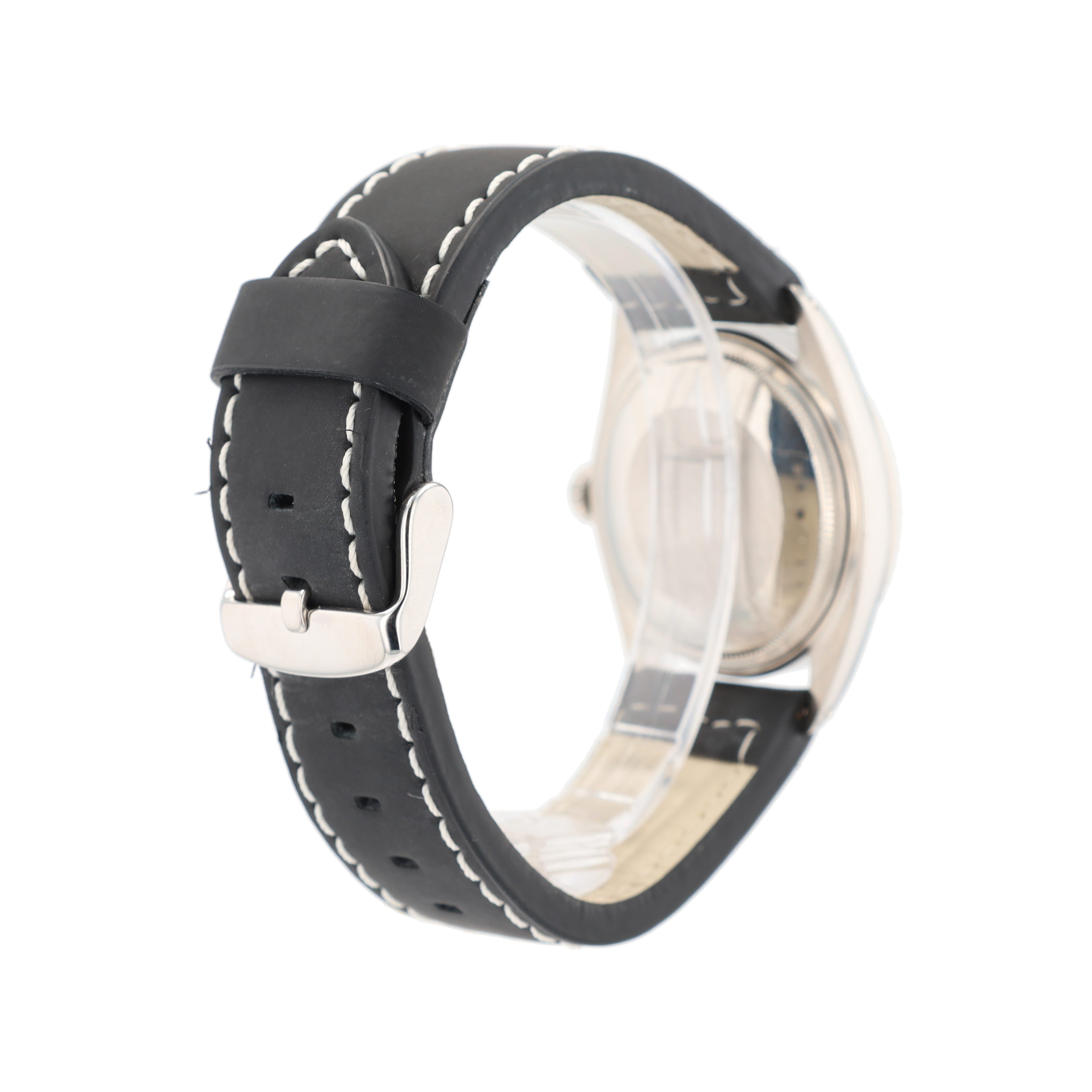 Rolex Datejust 1603 36mm Silver Index - Fatboy Dial Engine-Turned Bezel Black Band - Luxuriant Concierge