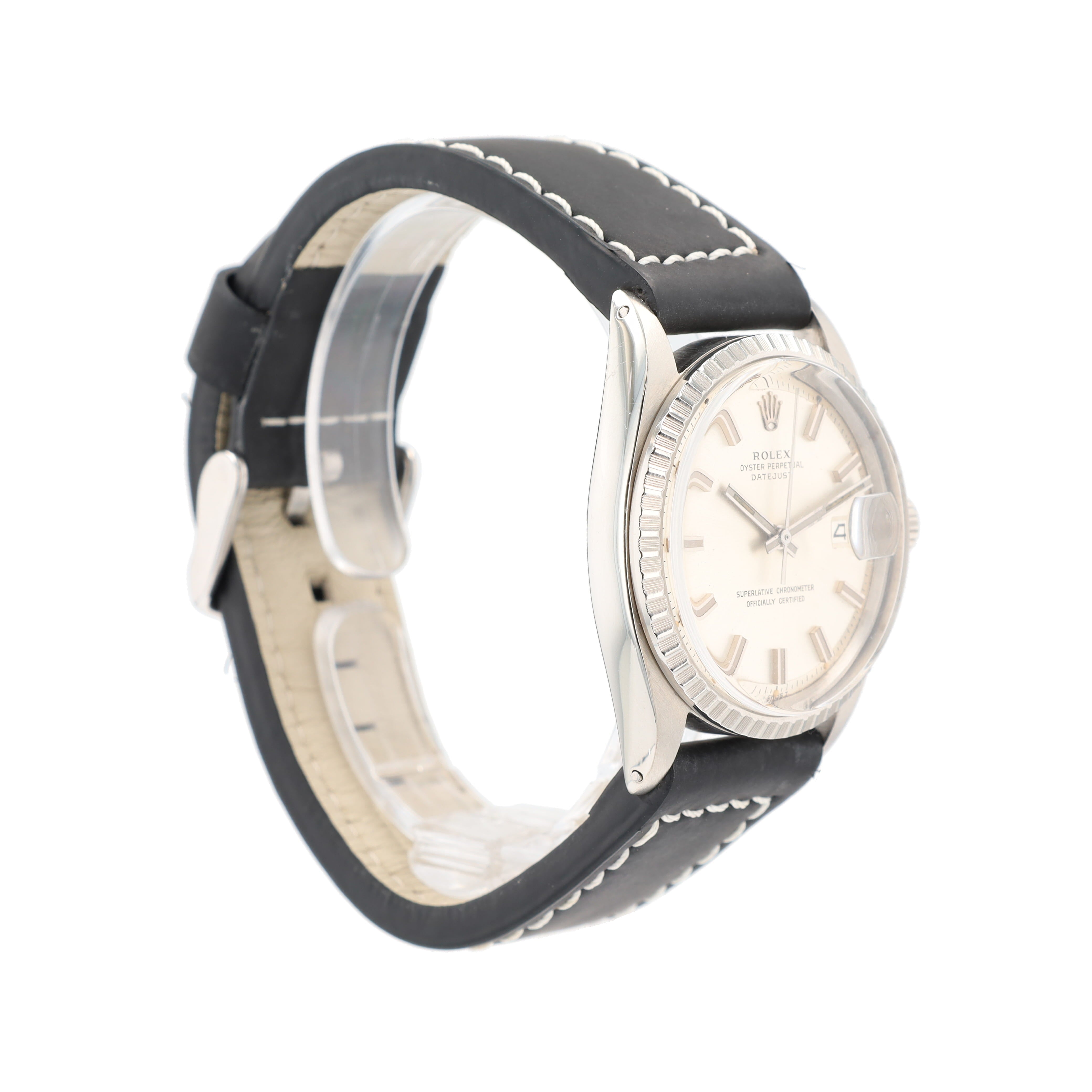 Rolex Datejust 1603 36mm Silver Index - Fatboy Dial Engine-Turned Bezel Black Band - Luxuriant Concierge