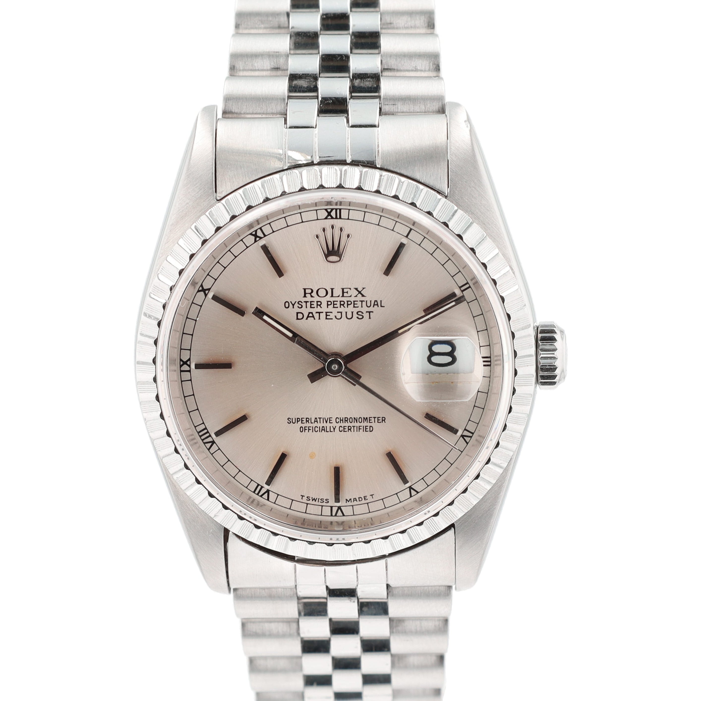 Rolex Datejust 16220 36mm Silver(Rust or Patina) Index Dial Engine-turned Bezel Jubilee Band