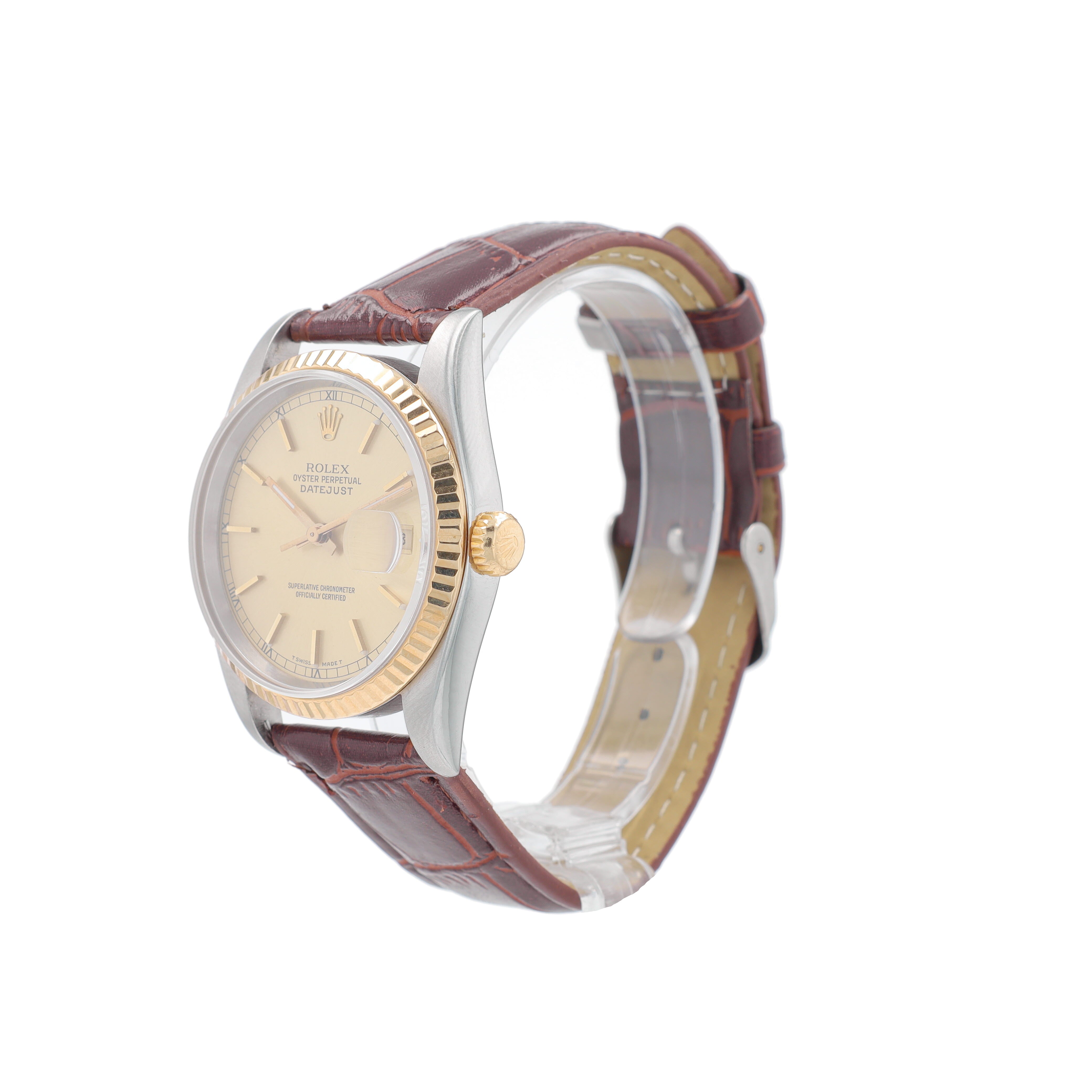 Rolex Datejust 16233 36mm Champagne Index Dial Fluted Bezel AM Leather Band