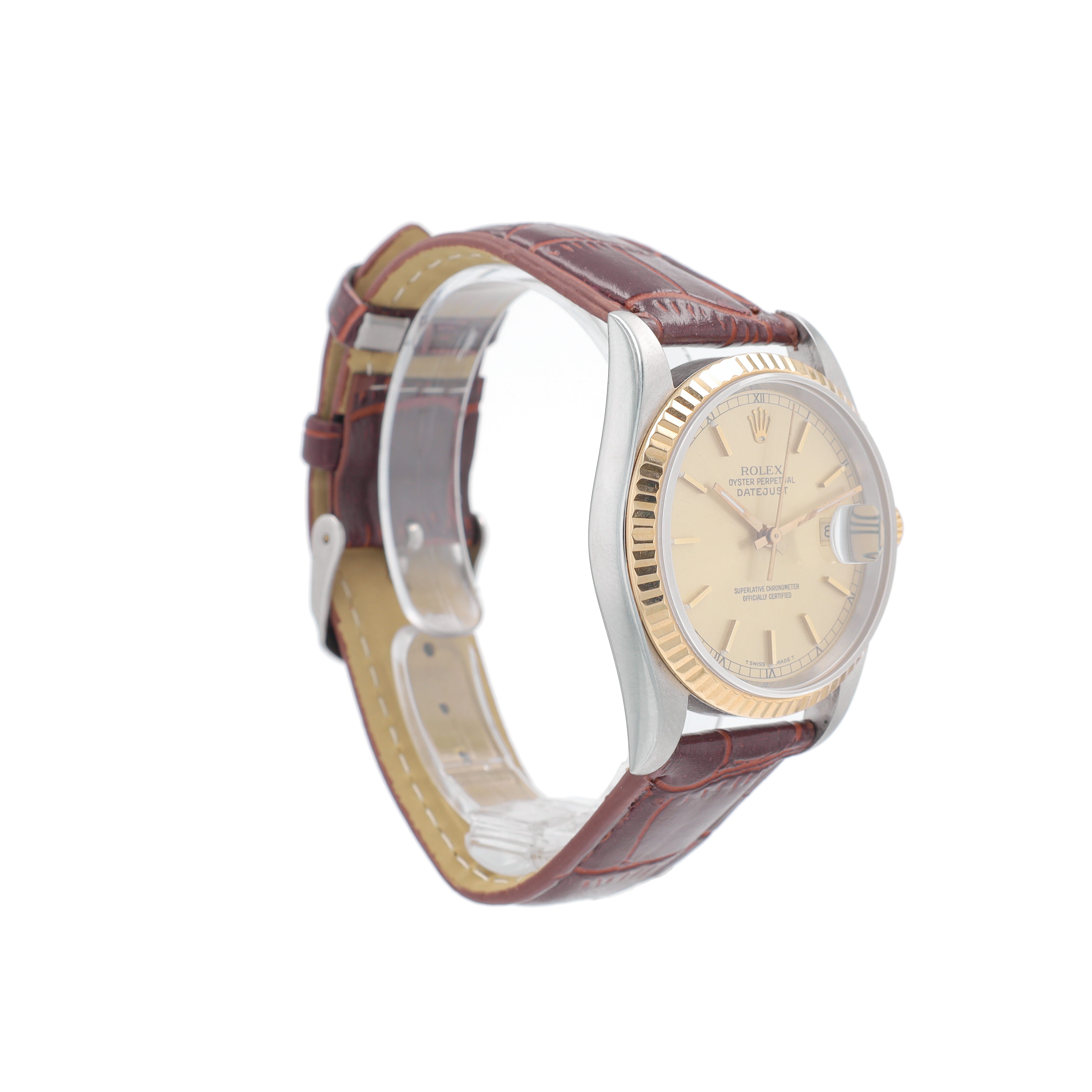 Rolex Datejust 16233 36mm Champagne Index Dial Fluted Bezel AM Leather Band