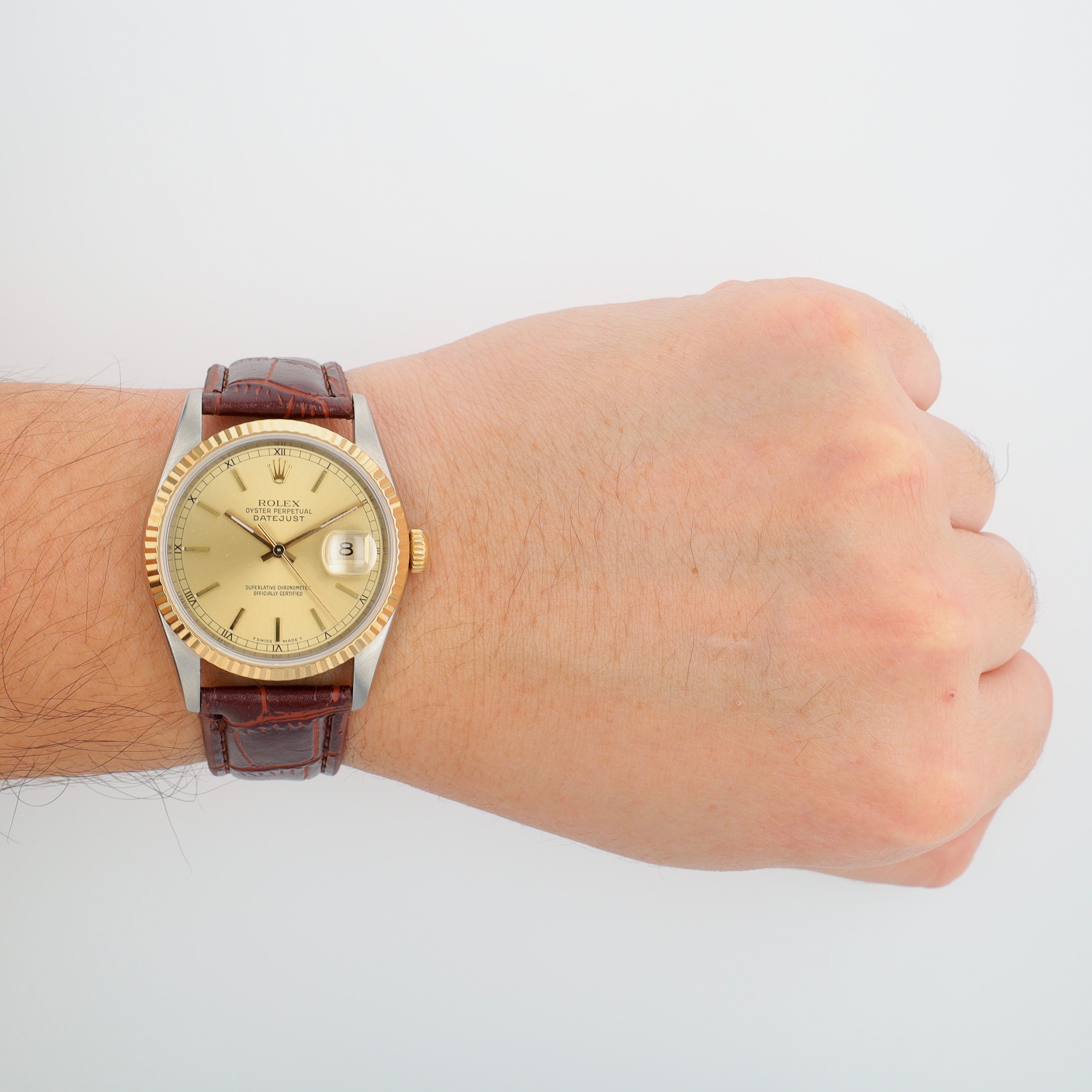 Rolex Datejust 16233 36mm Champagne Index Dial Fluted Bezel AM Leather Band