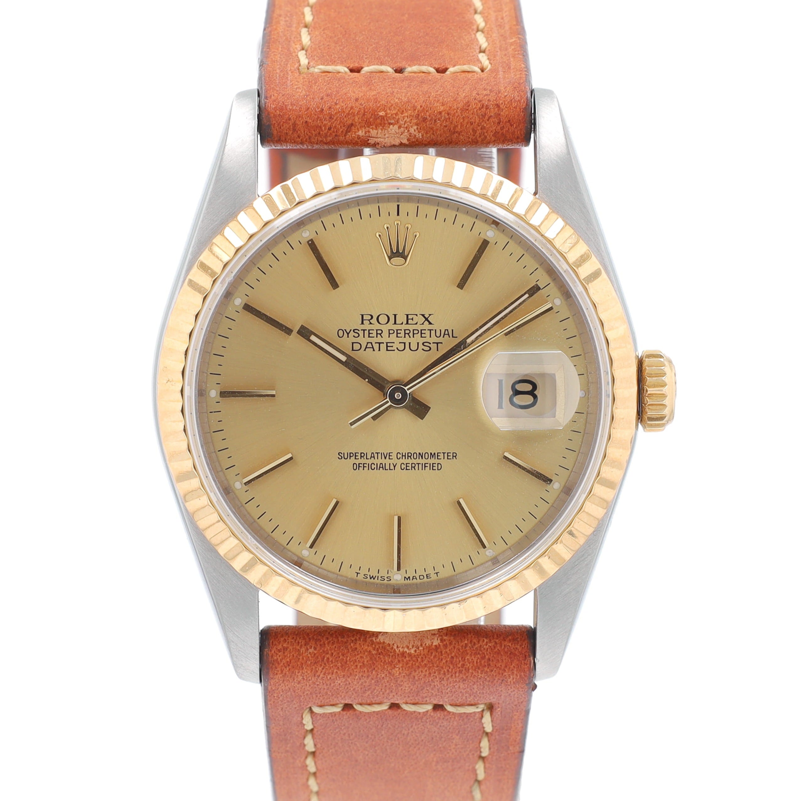 Rolex Datejust 16233 36mm Champagne Index Dial Fluted Bezel Brown Band - Luxuriant Concierge