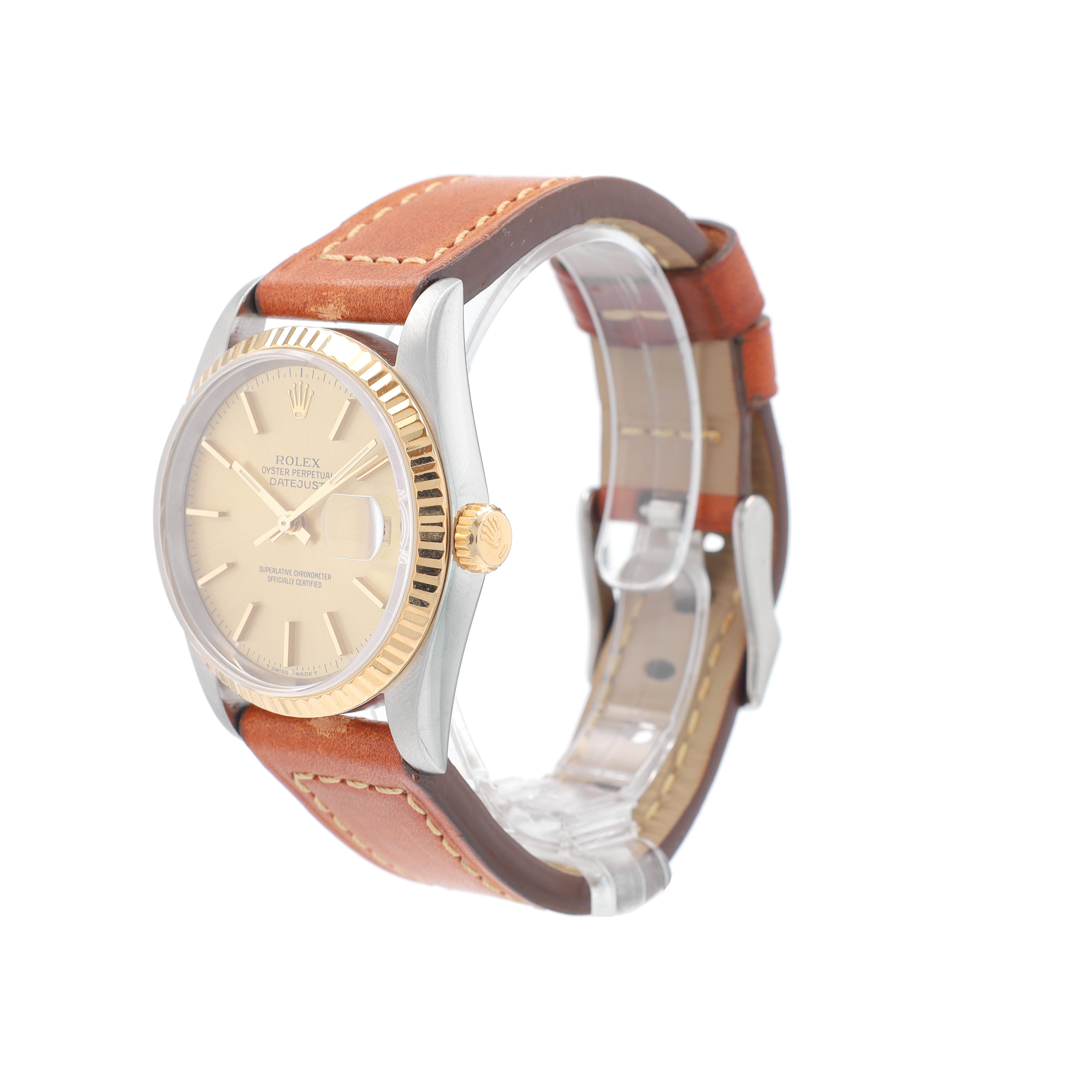 Rolex Datejust 16233 36mm Champagne Index Dial Fluted Bezel Brown Band
