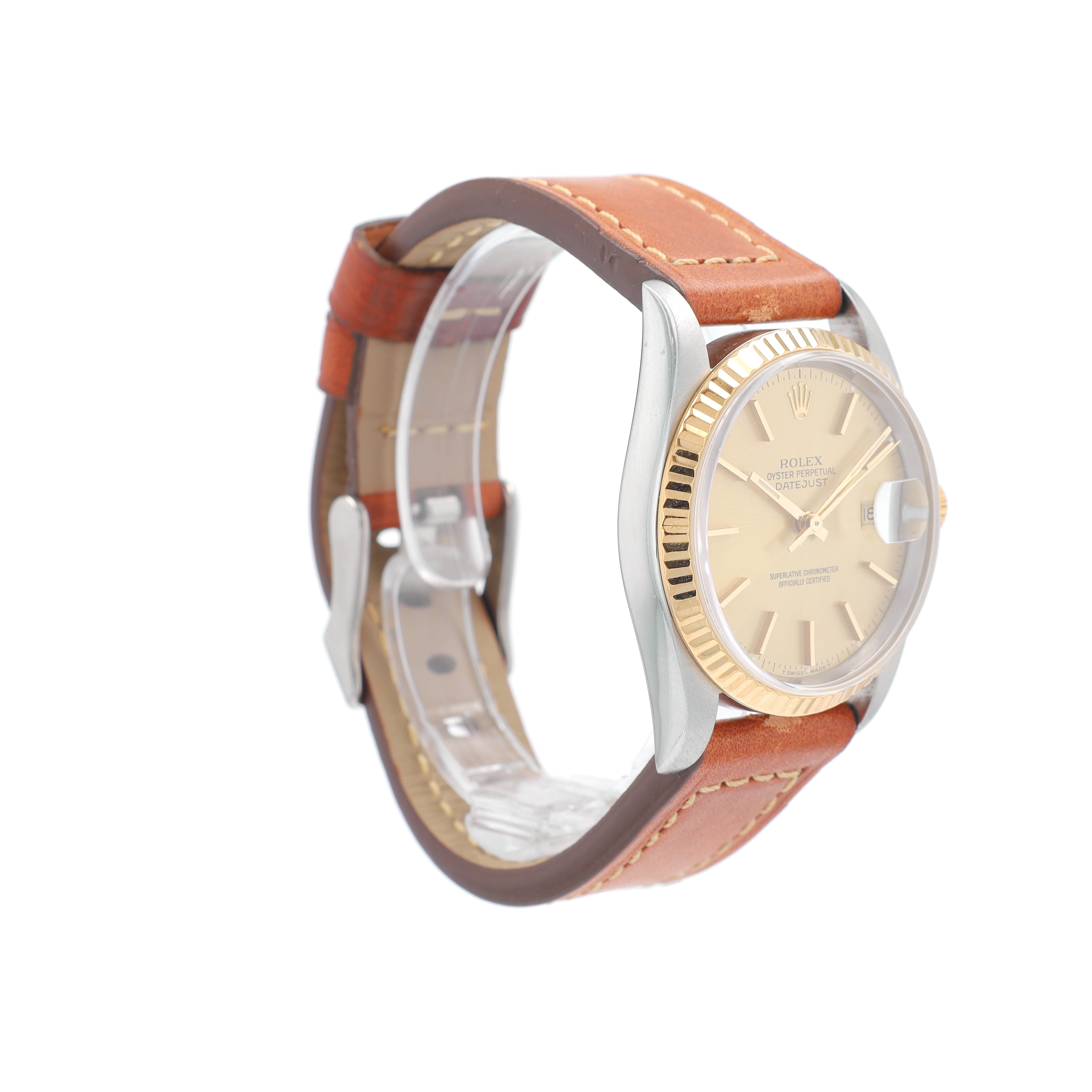 Rolex Datejust 16233 36mm Champagne Index Dial Fluted Bezel Brown Band
