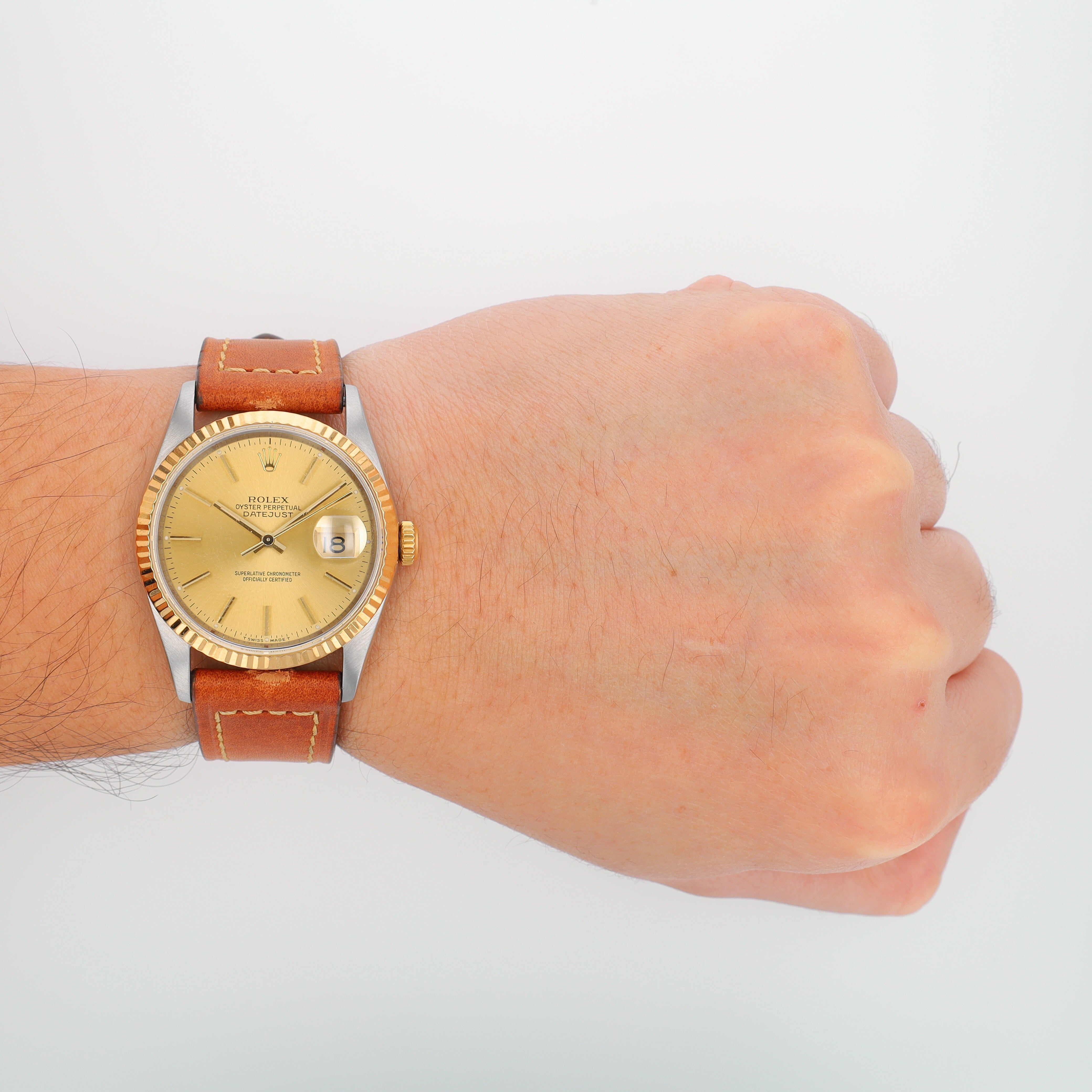Rolex Datejust 16233 36mm Champagne Index Dial Fluted Bezel Brown Band