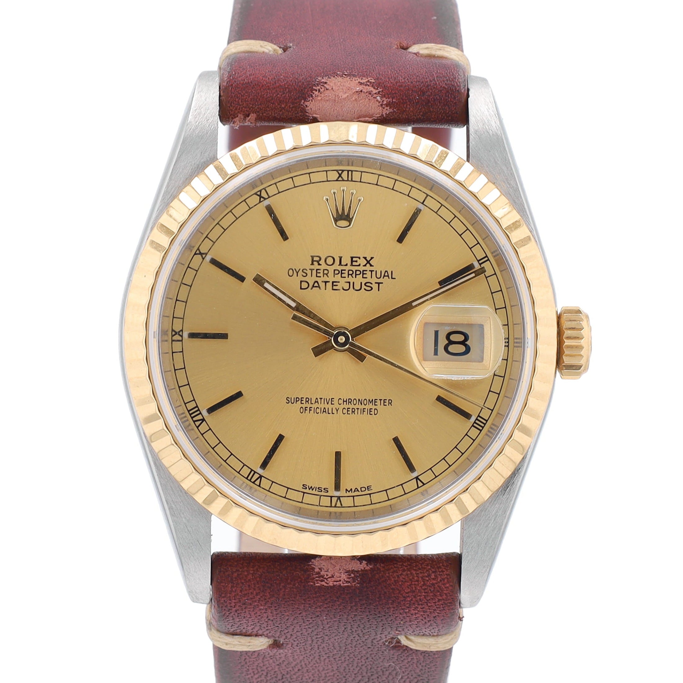 Rolex Datejust 16233 36mm Champagne Index Dial Fluted Bezel Leather Band - Luxuriant Concierge