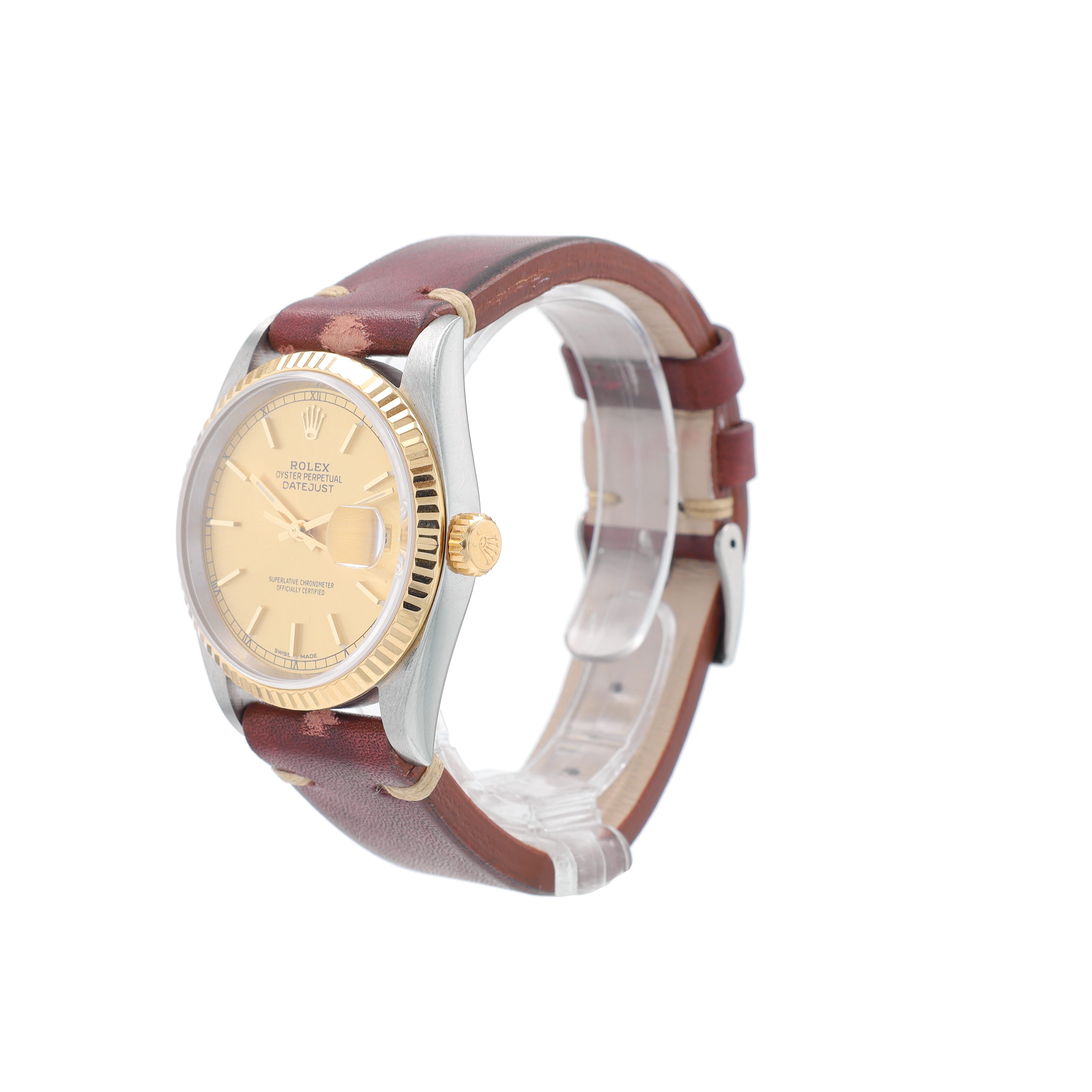 Rolex Datejust 16233 36mm Champagne Index Dial Fluted Bezel Leather Band