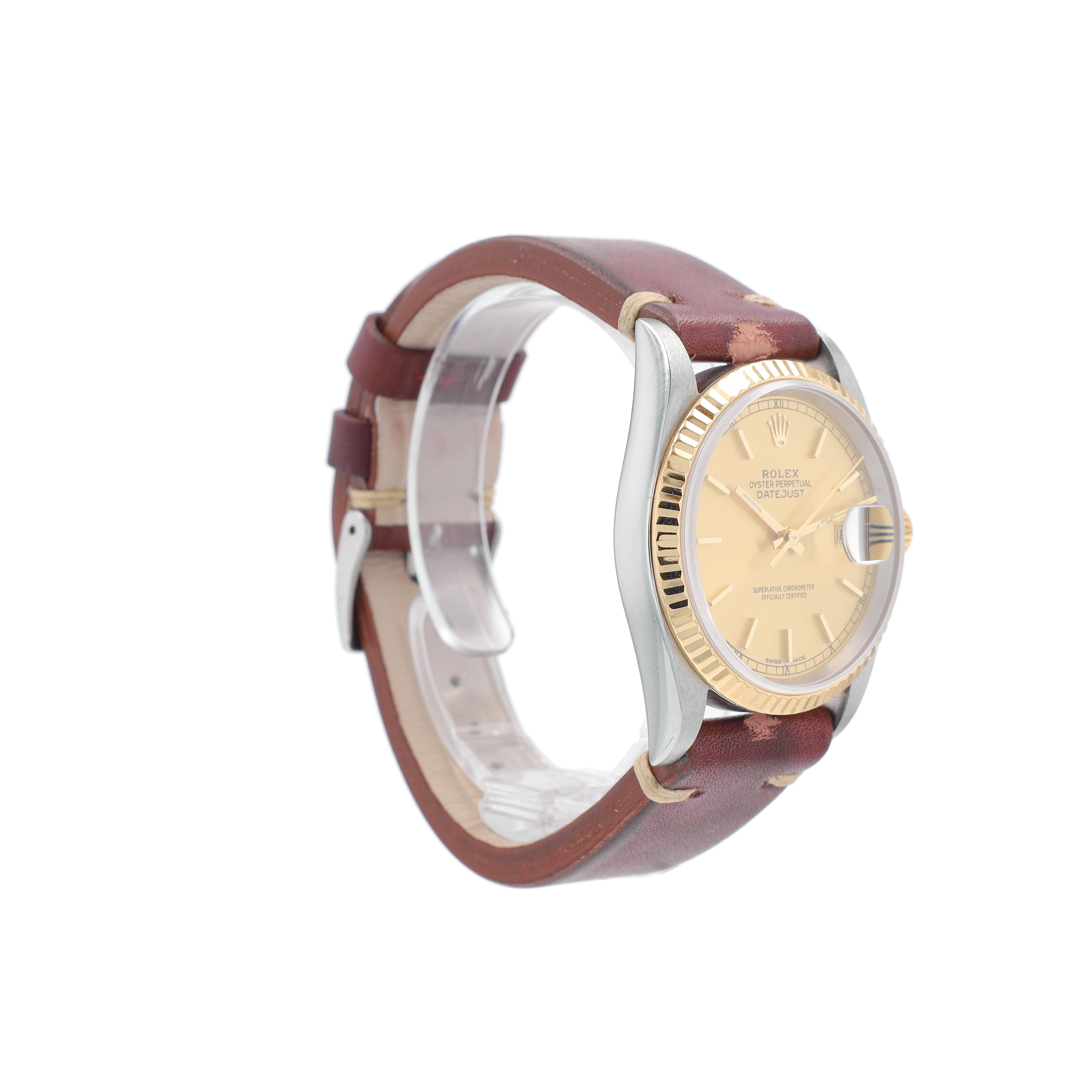 Rolex Datejust 16233 36mm Champagne Index Dial Fluted Bezel Leather Band
