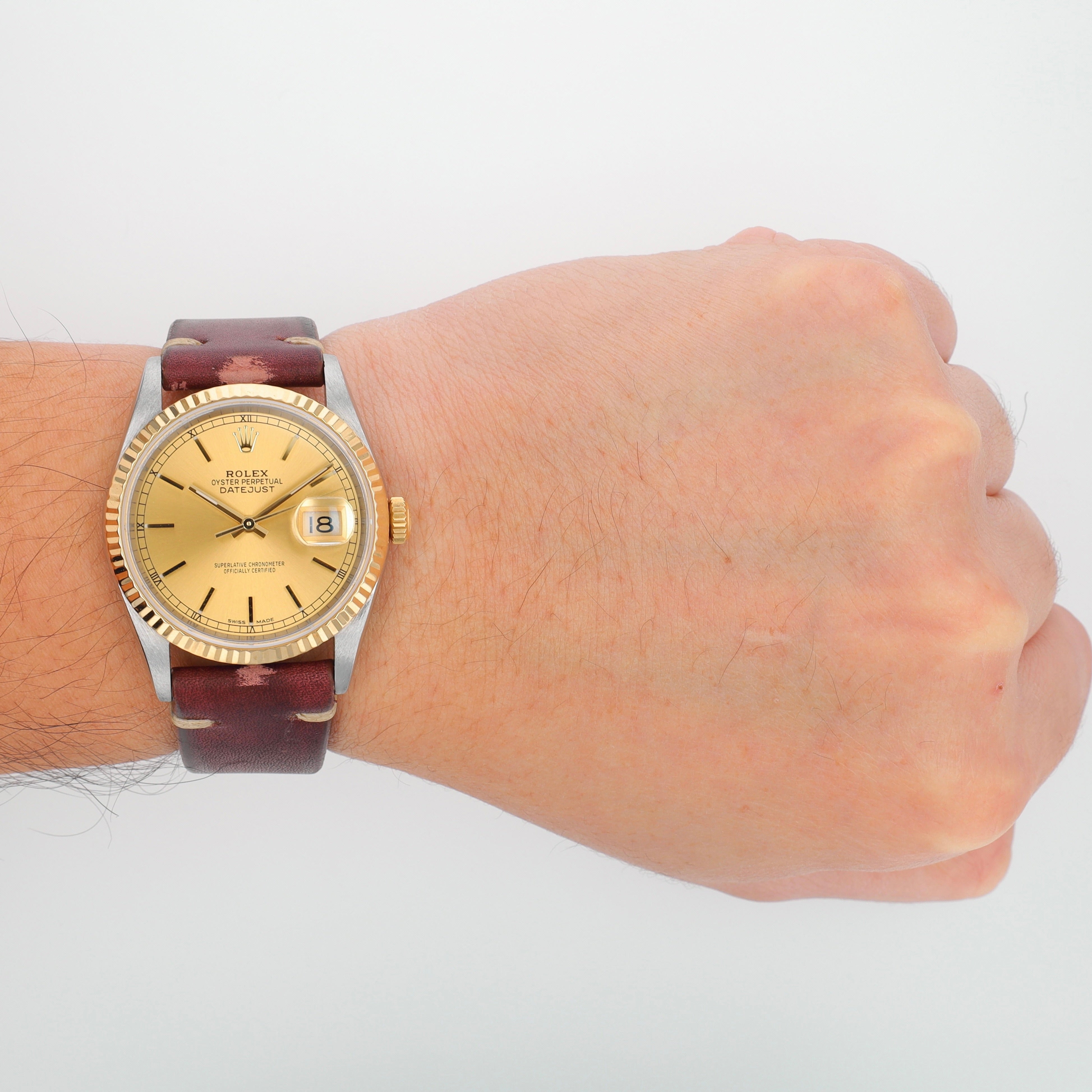 Rolex Datejust 16233 36mm Champagne Index Dial Fluted Bezel Leather Band