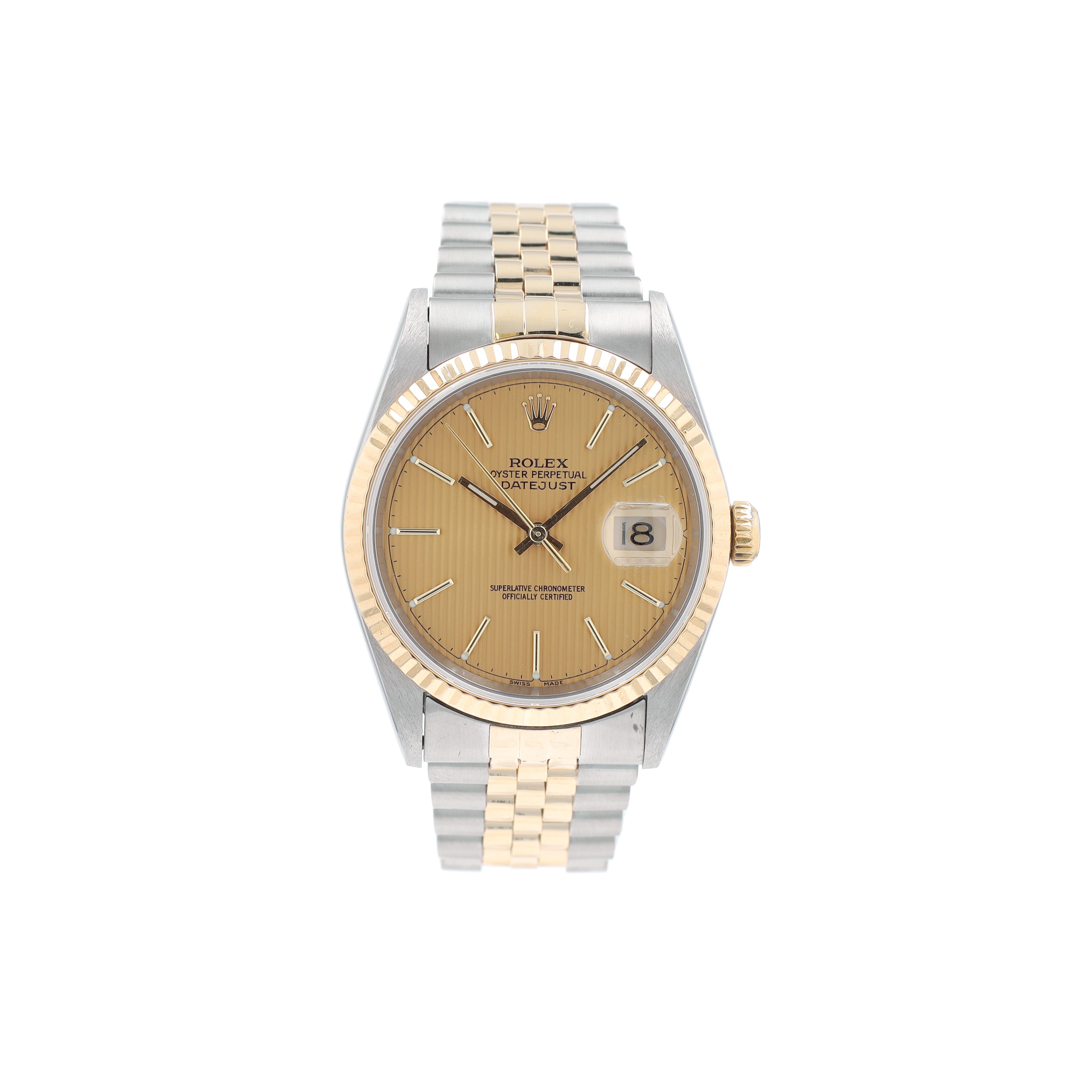 Rolex Datejust 16233 36mm Champagne Tapestry Index Dial Fluted Bezel Jubilee Band - Luxuriant Concierge