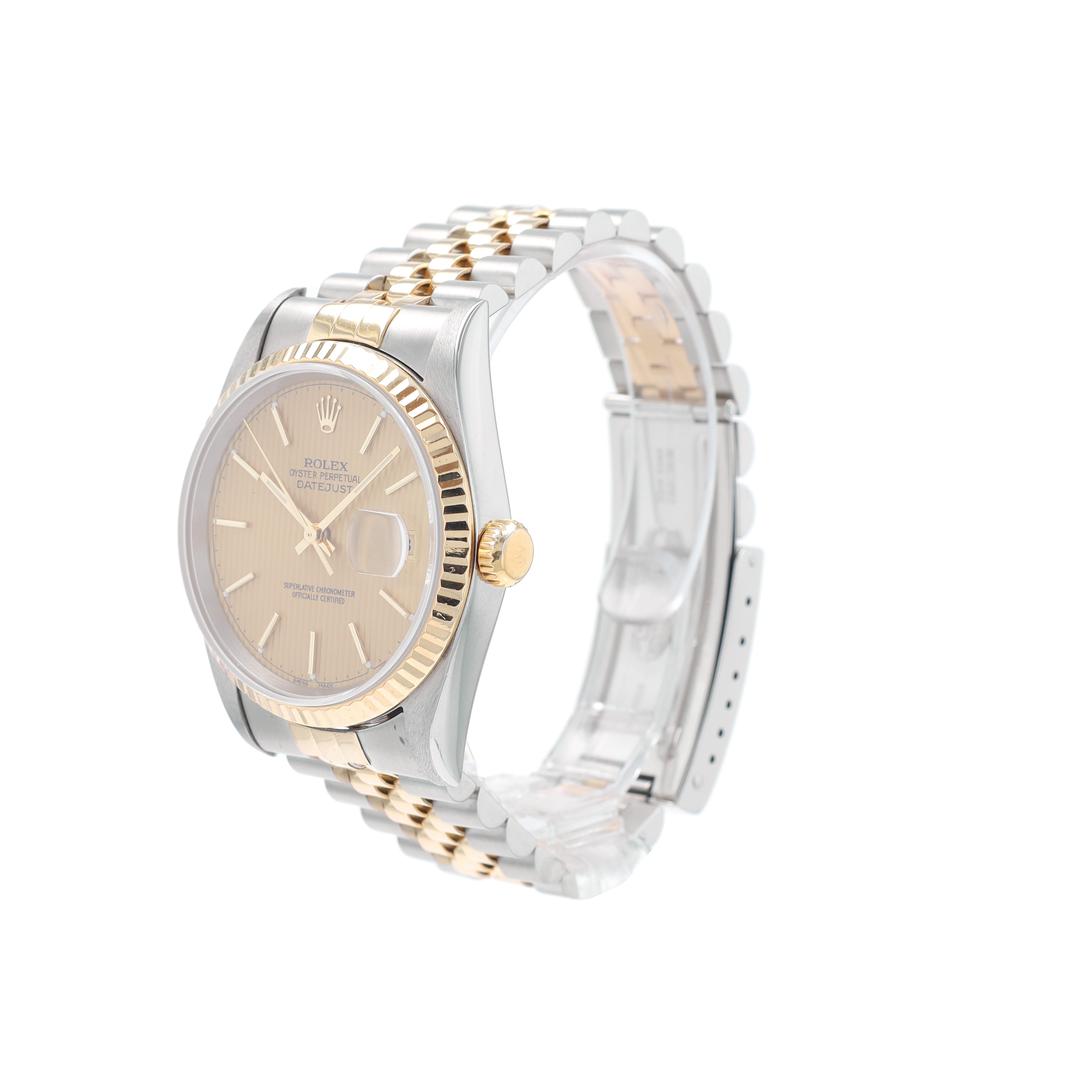 Rolex Datejust 16233 36mm Champagne Tapestry Index Dial Fluted Bezel Jubilee Band - Luxuriant Concierge