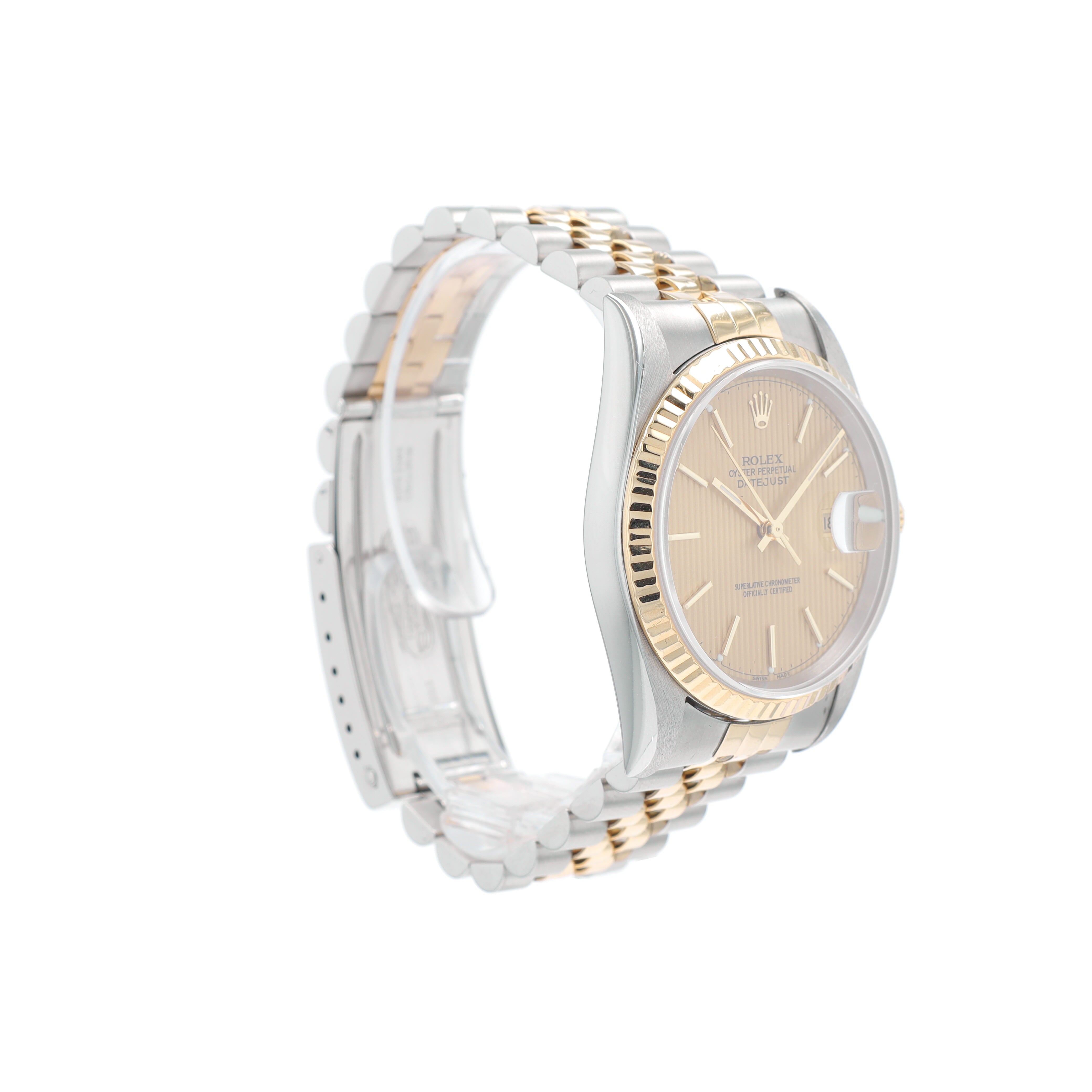 Rolex Datejust 16233 36mm Champagne Tapestry Index Dial Fluted Bezel Jubilee Band - Luxuriant Concierge