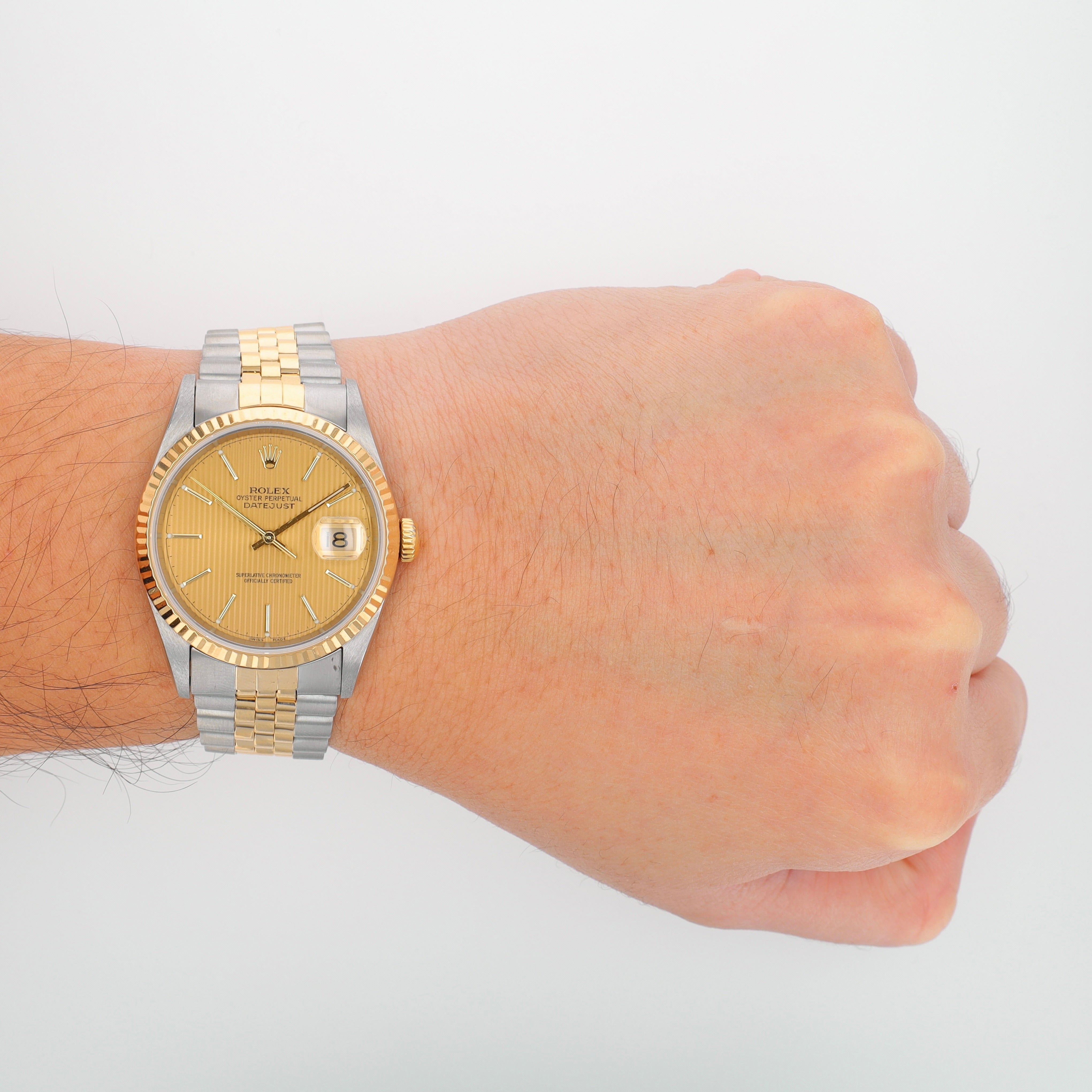 Rolex Datejust 16233 36mm Champagne Tapestry Index Dial Fluted Bezel Jubilee Band - Luxuriant Concierge