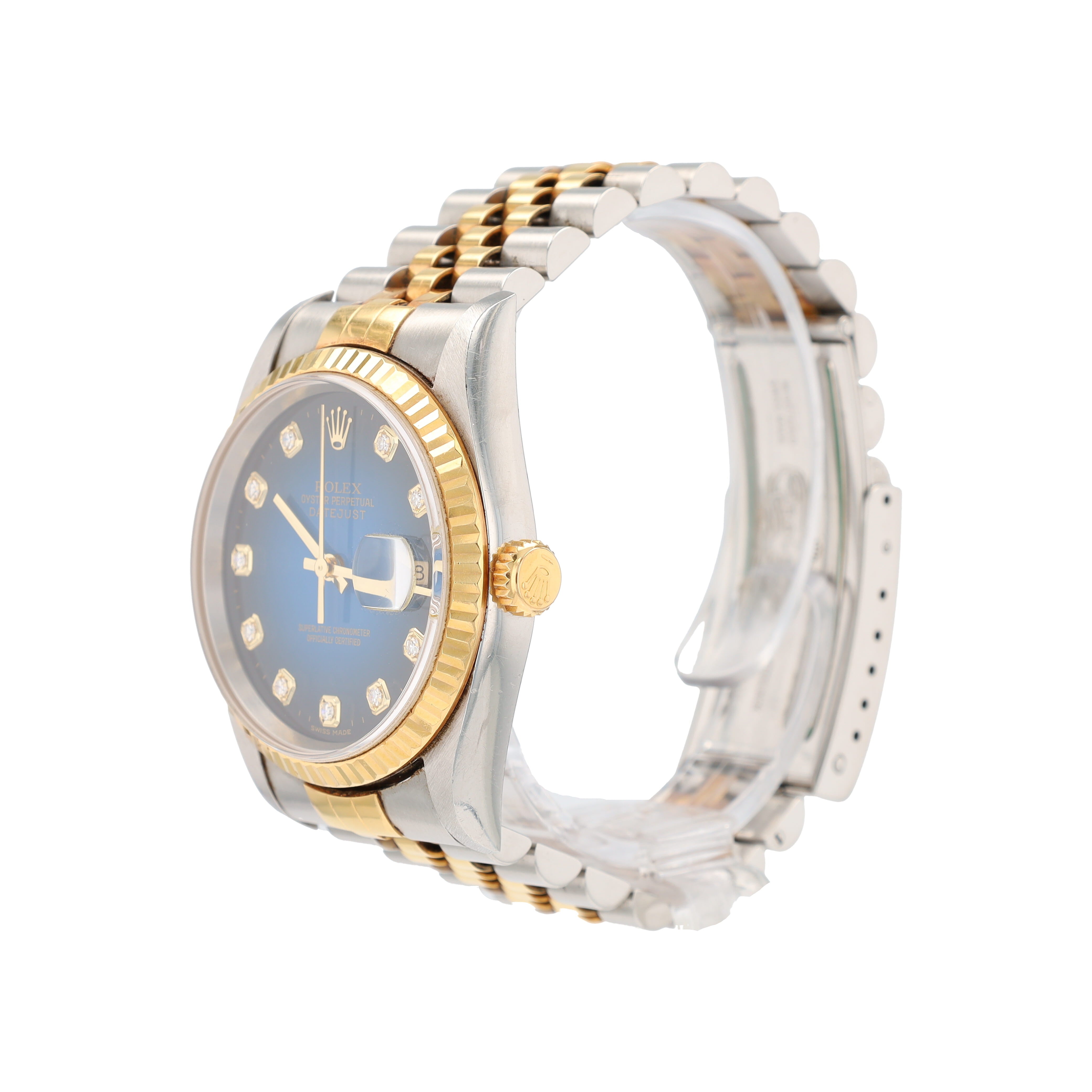 B&P Rolex Datejust 16233 36mm Blue Vignette Diamond (N.S) Dial Fluted Bezel Jubilee Band - Luxuriant Concierge