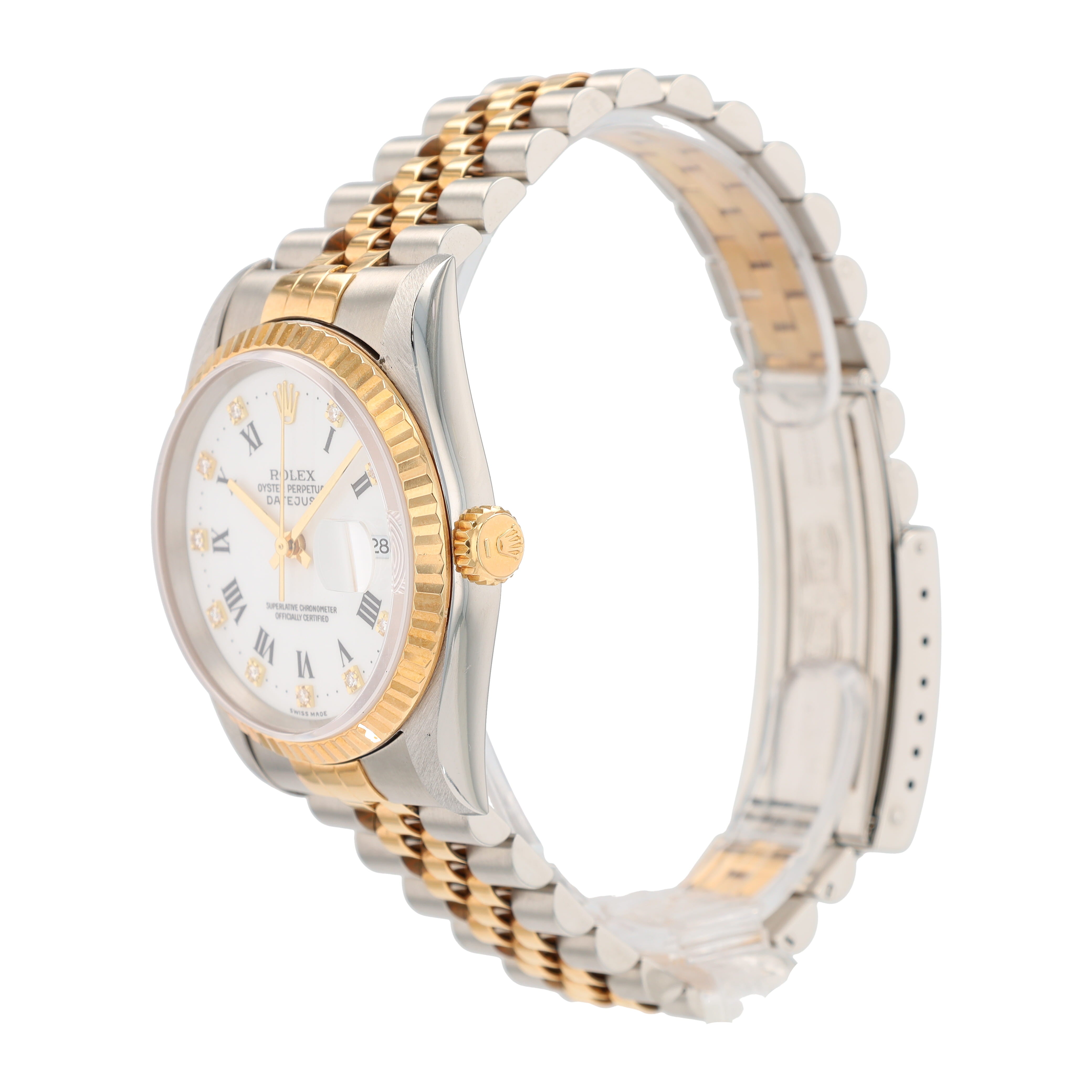 Rolex Datejust 16233 36mm White Roman & Diamonds Dial Fluted Bezel Jubilee Band - Luxuriant Concierge