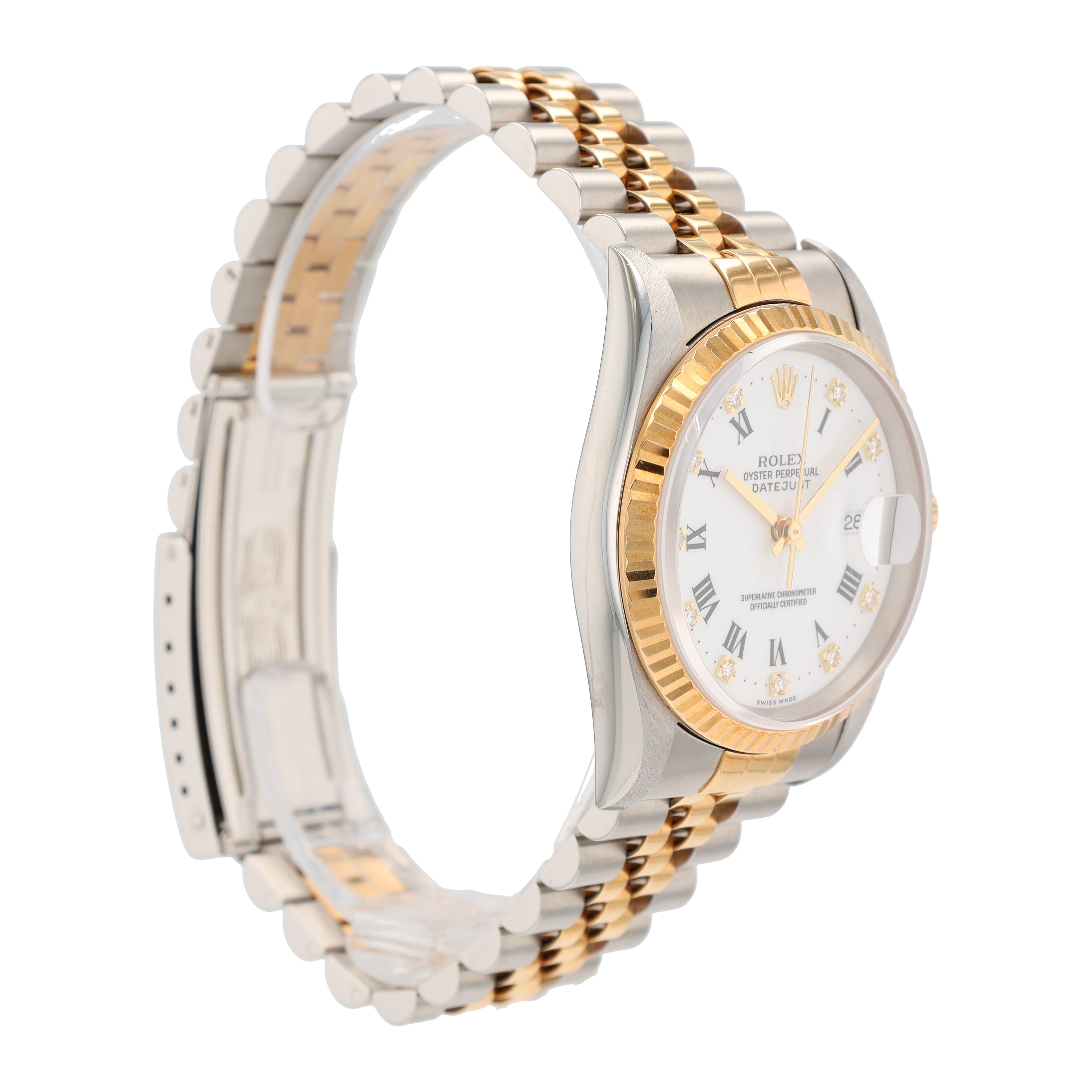Rolex Datejust 16233 36mm White Roman & Diamonds Dial Fluted Bezel Jubilee Band - Luxuriant Concierge