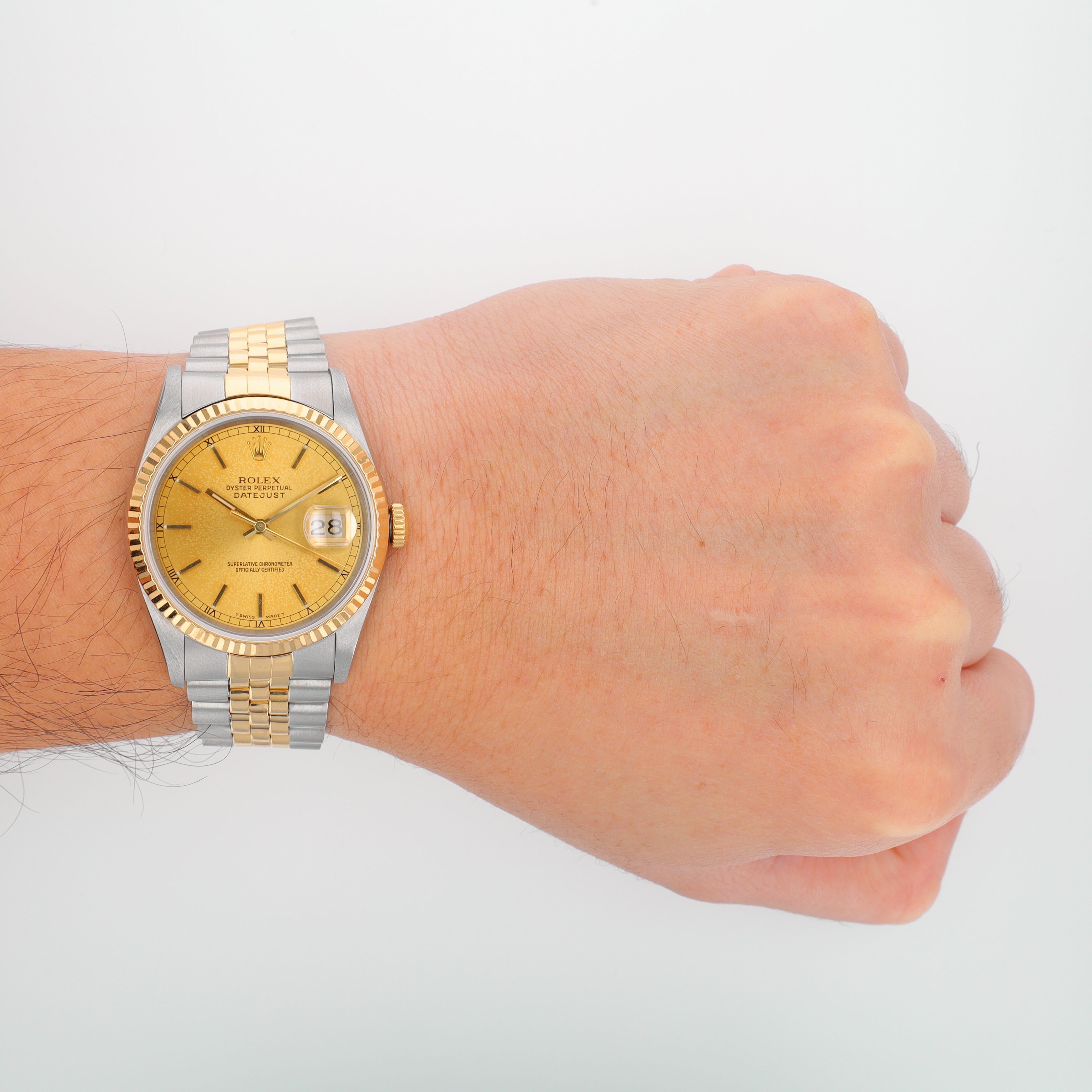 Rolex Datejust 16233 36mm Champagne Index Dial Fluted Bezel Jubilee Band - Luxuriant Concierge