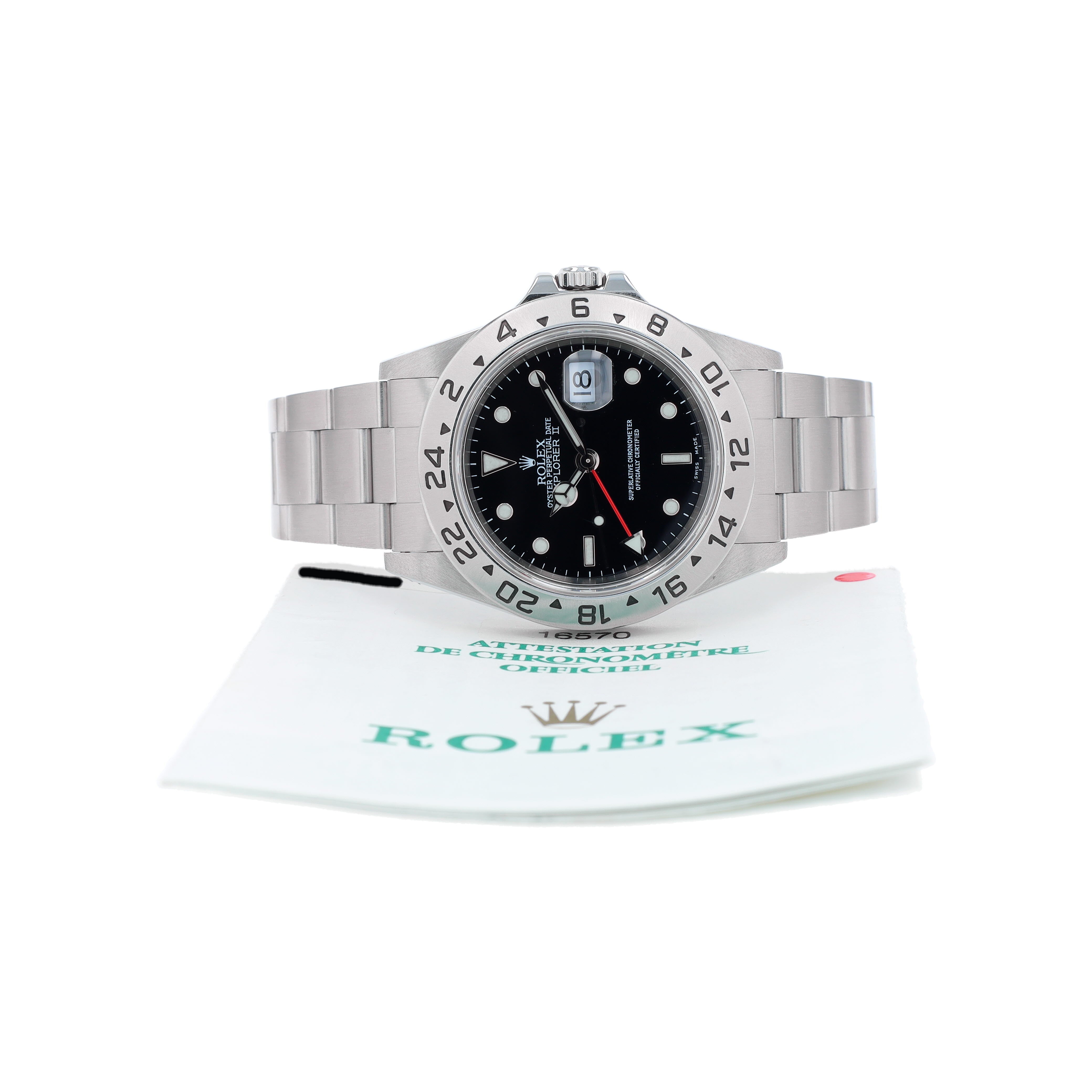B&P Rolex Explorer II 16570 40mm Black Luminous Dial GMT Bezel Oyster Band - Luxuriant Concierge