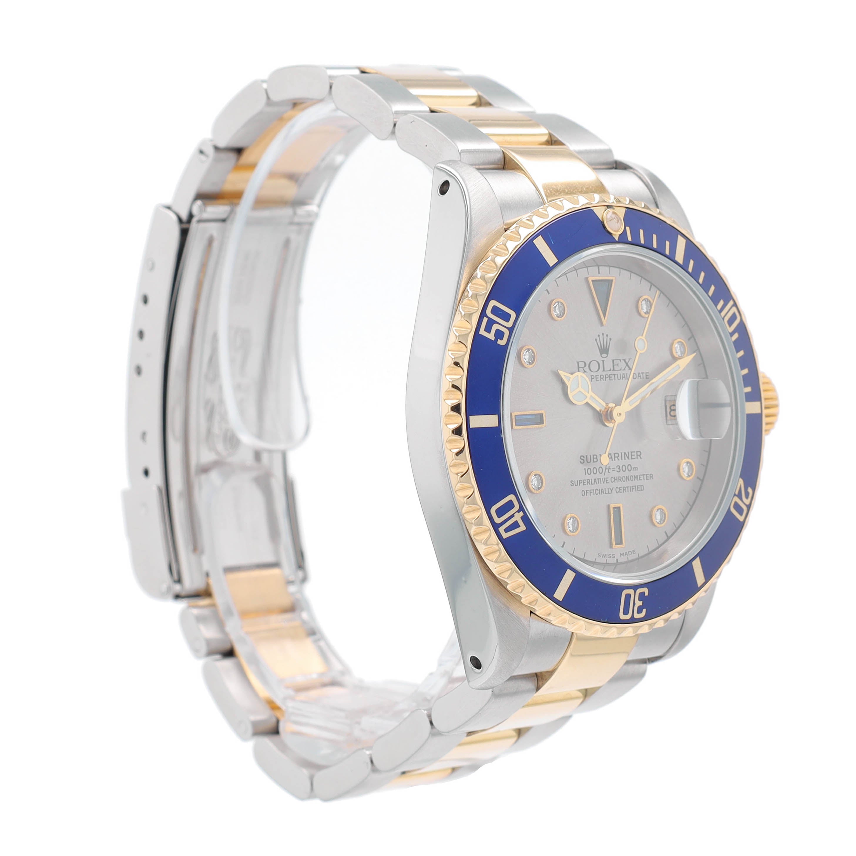 B&P Rolex Submariner 16613 40mm Grey Diamond + 2 baguette Dial Rotatable Bezel with blue Insert Bezel Oyster Band - Luxuriant Concierge