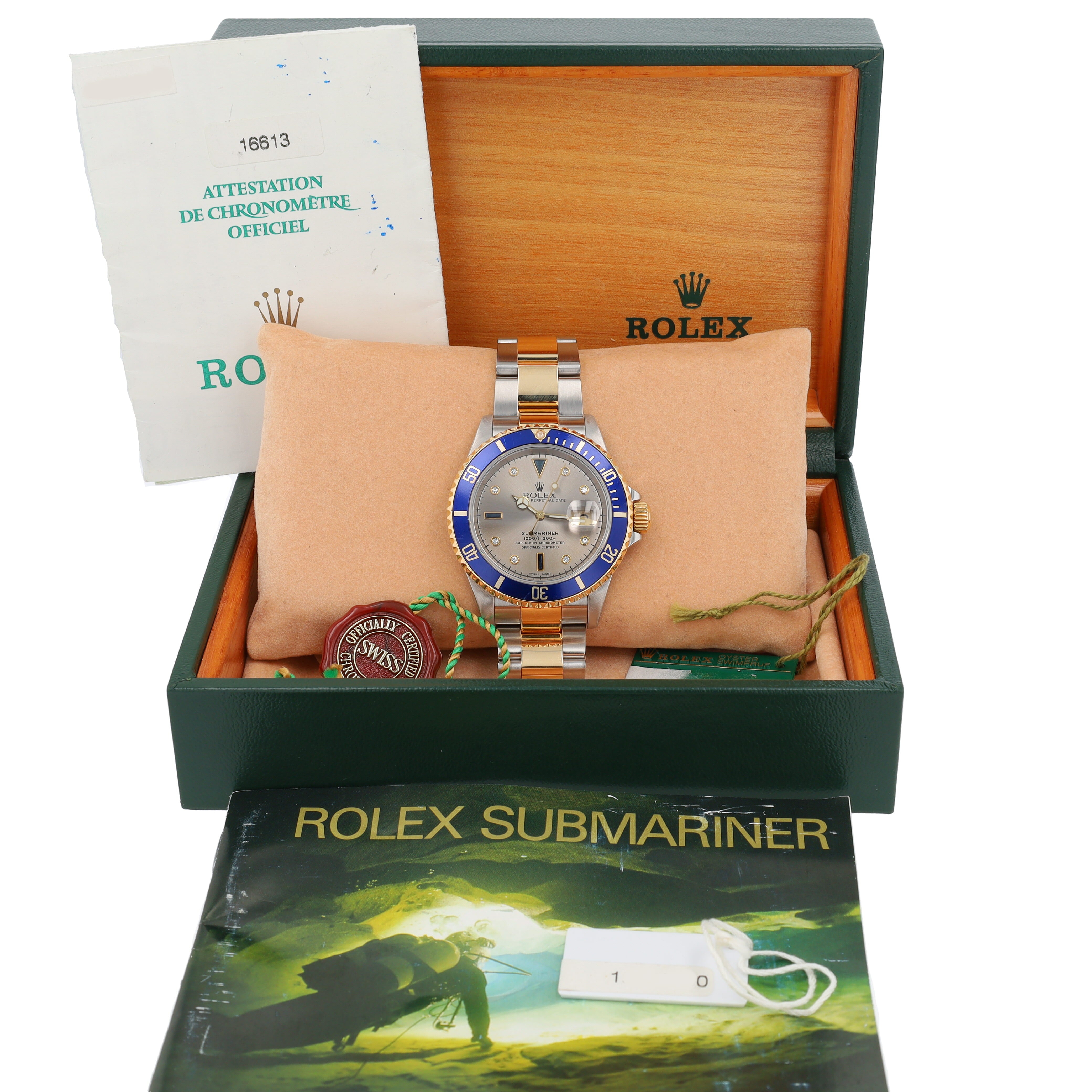 B&P Rolex Submariner 16613 40mm Grey Diamond + 2 baguette Dial Rotatable Bezel with blue Insert Bezel Oyster Band - Luxuriant Concierge