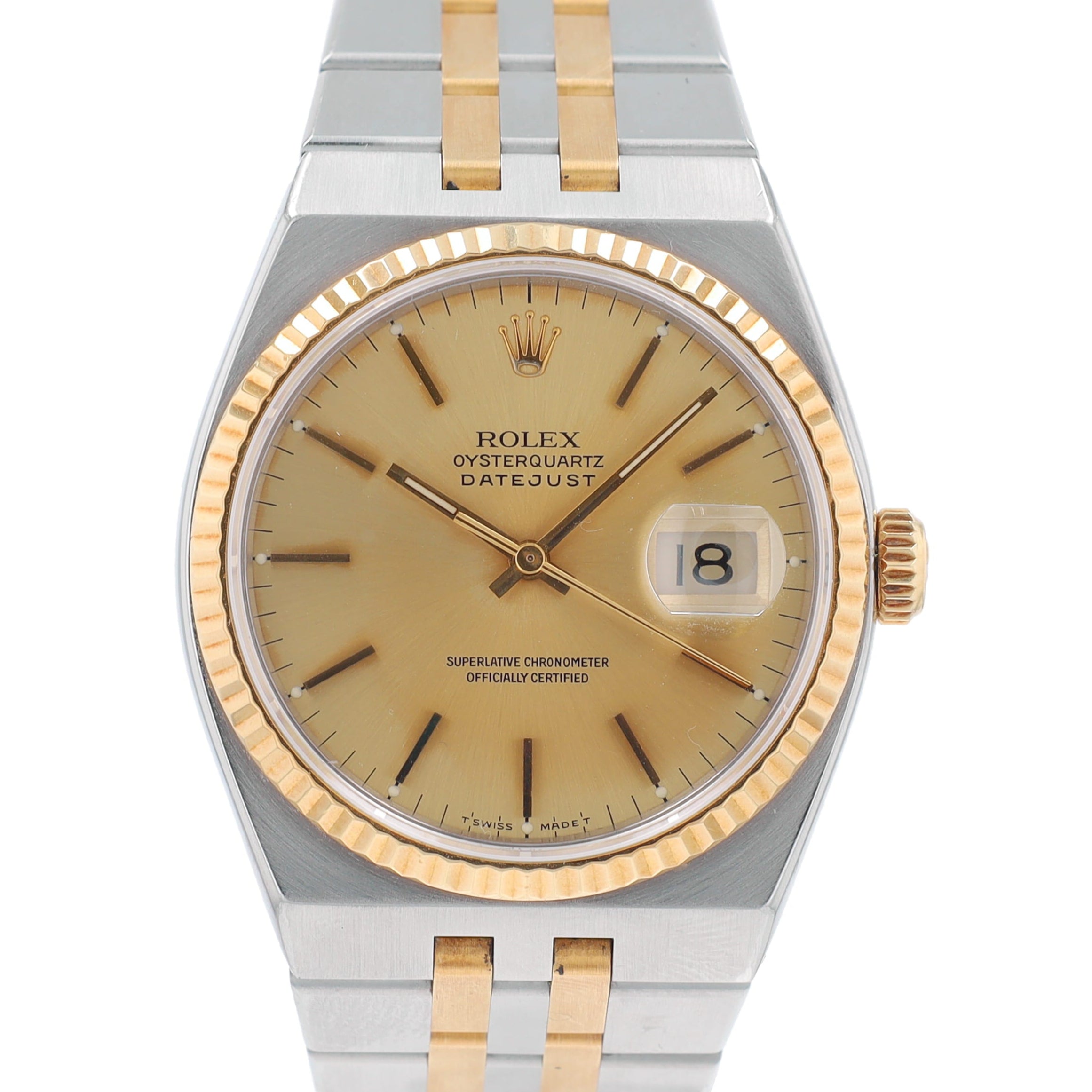 Rolex Datejust 17013 36mm Champagne Index Dial Fluted Bezel Integrated Band - Luxuriant Concierge