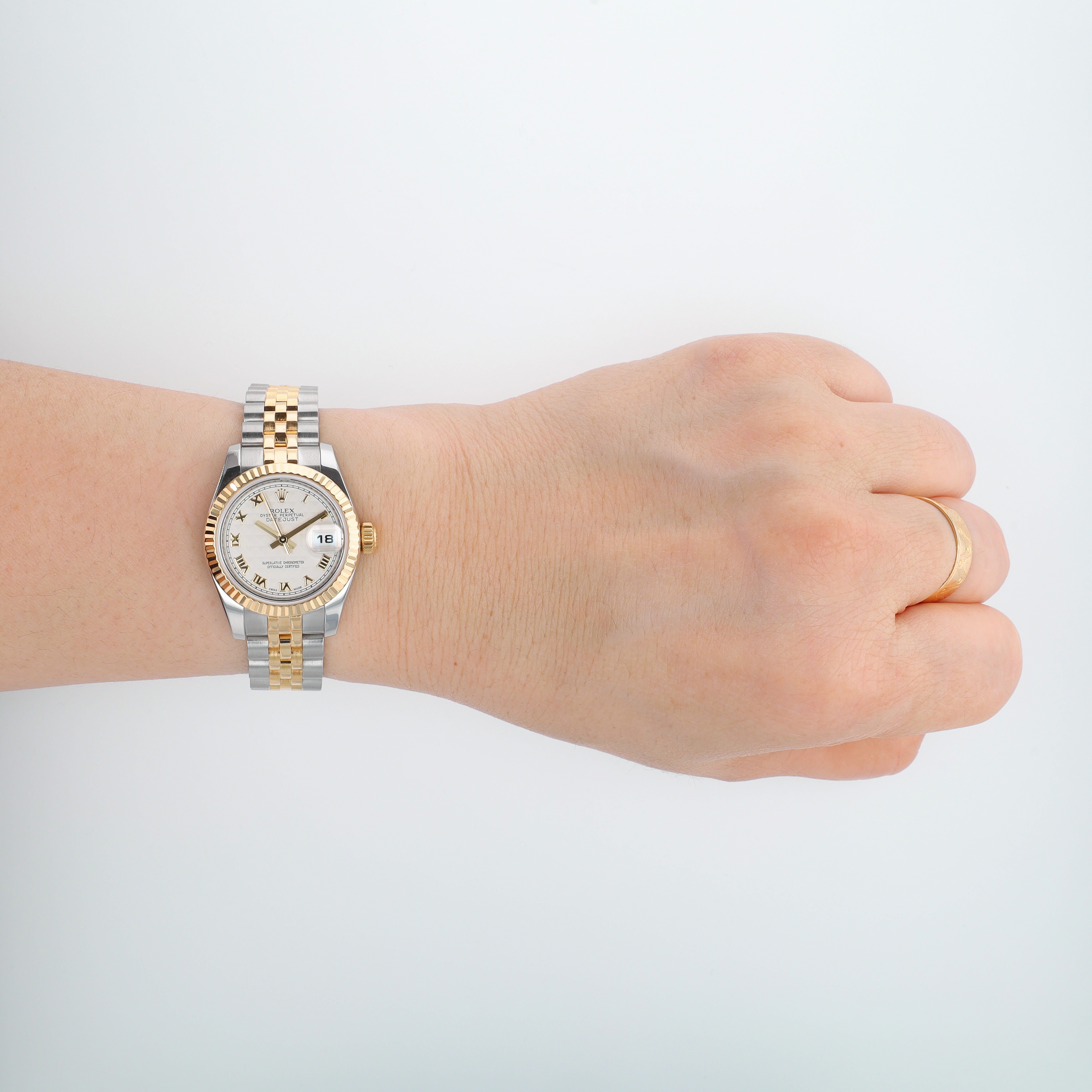 B&P Rolex Datejust 179173 26mm Cream Pyramid Roman Numeral Dial Fluted Bezel Jubilee Band - Luxuriant Concierge