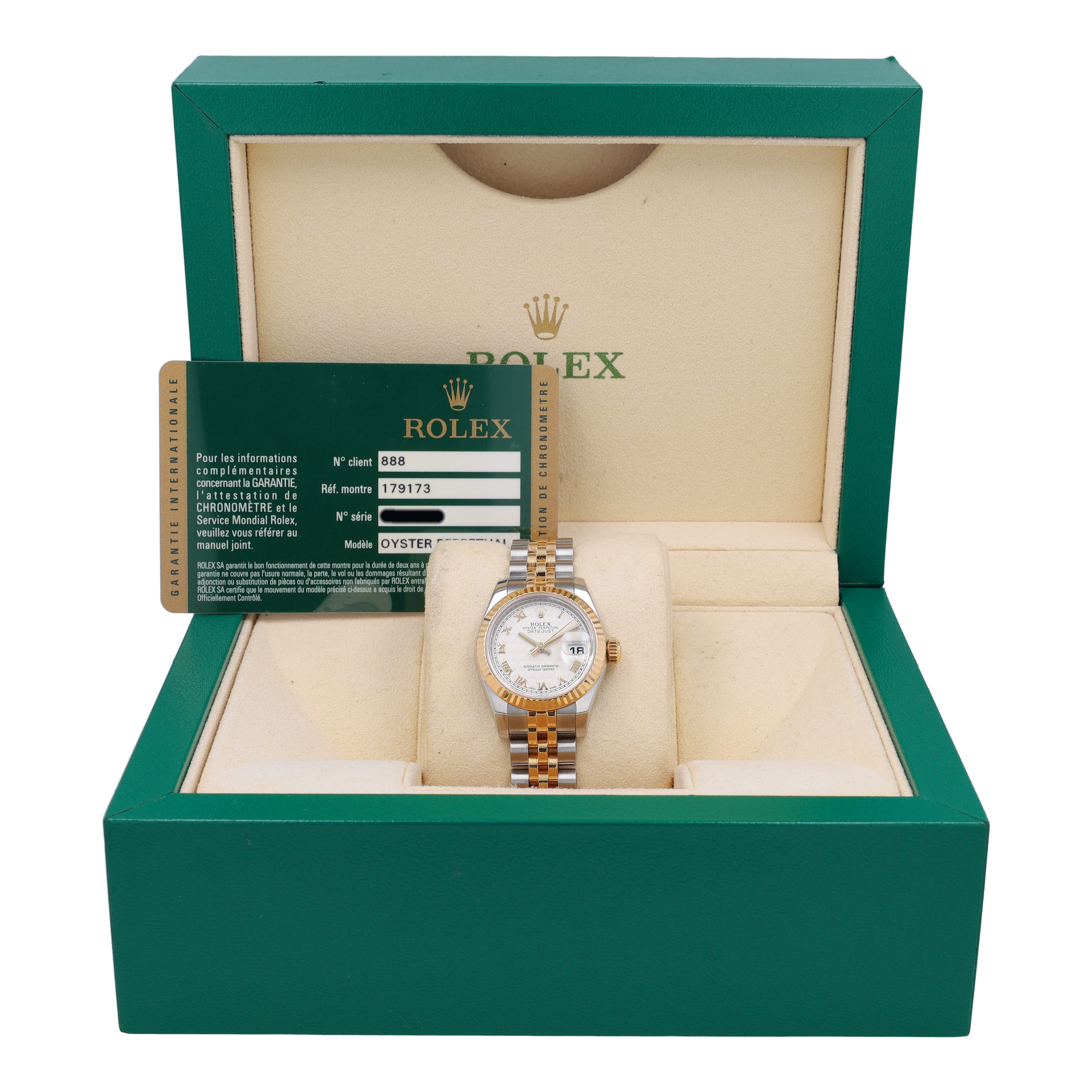 B&P Rolex Datejust 179173 26mm Cream Pyramid Roman Numeral Dial Fluted Bezel Jubilee Band - Luxuriant Concierge