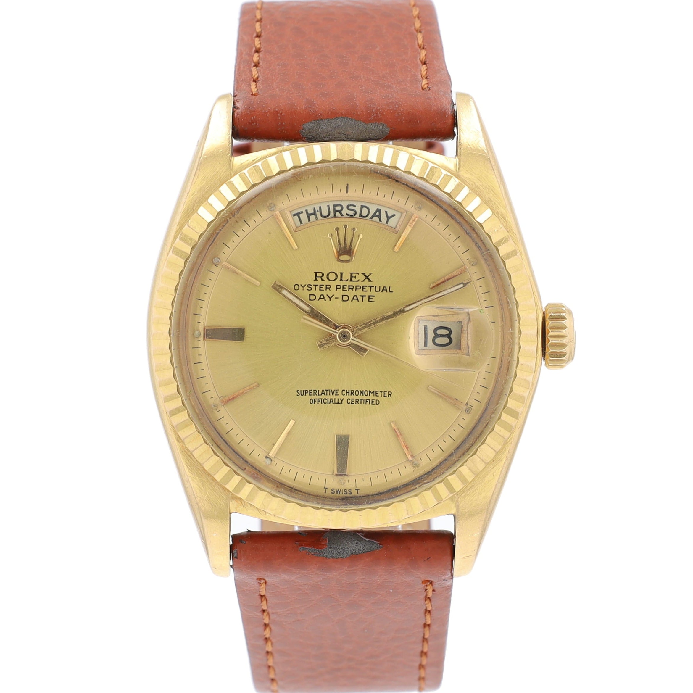 Rolex Day-Date 1803 36mm Champagne Index Dial Fluted Bezel Leather Band - Luxuriant Concierge