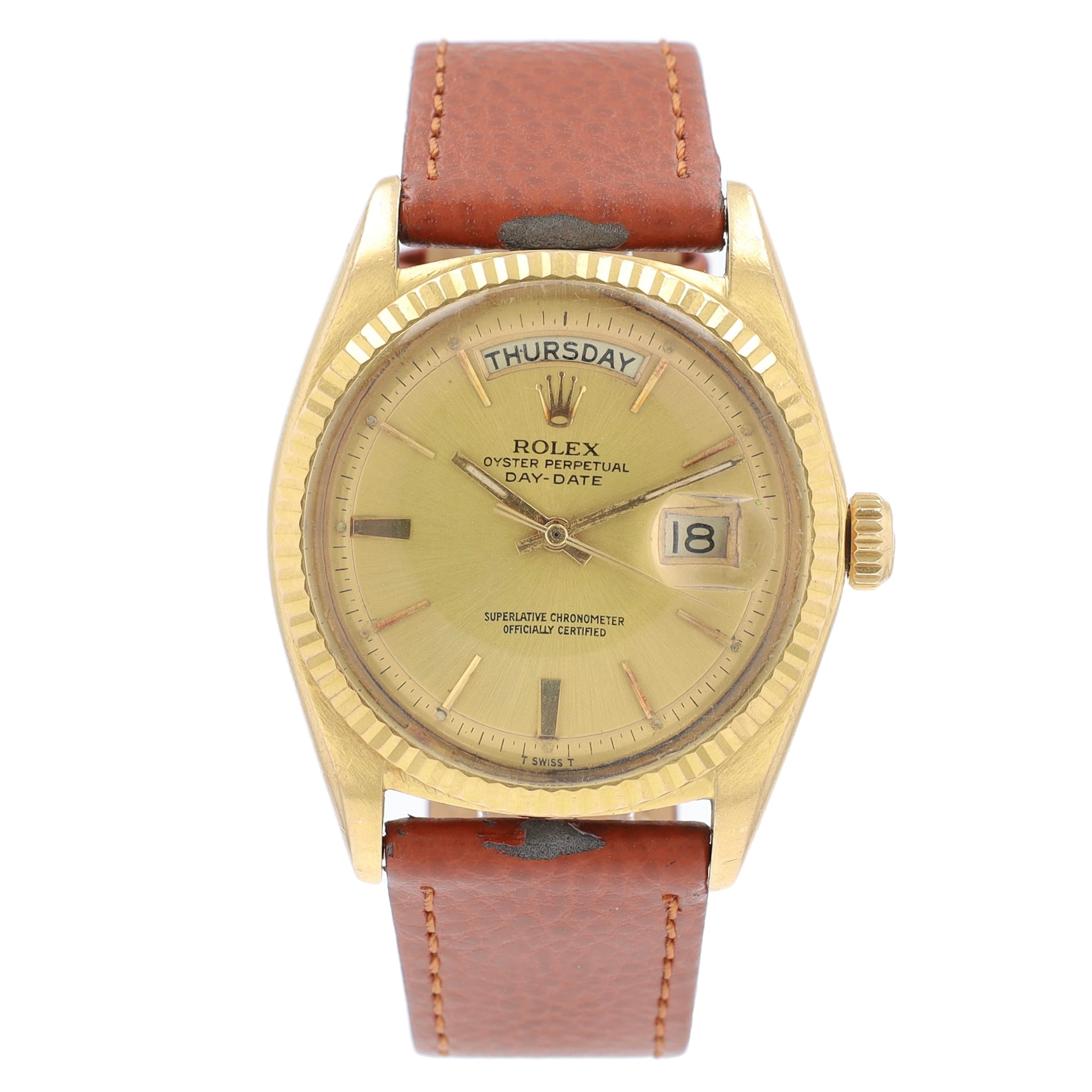 Rolex Day-Date 1803 36mm Champagne Index Dial Fluted Bezel Leather Band