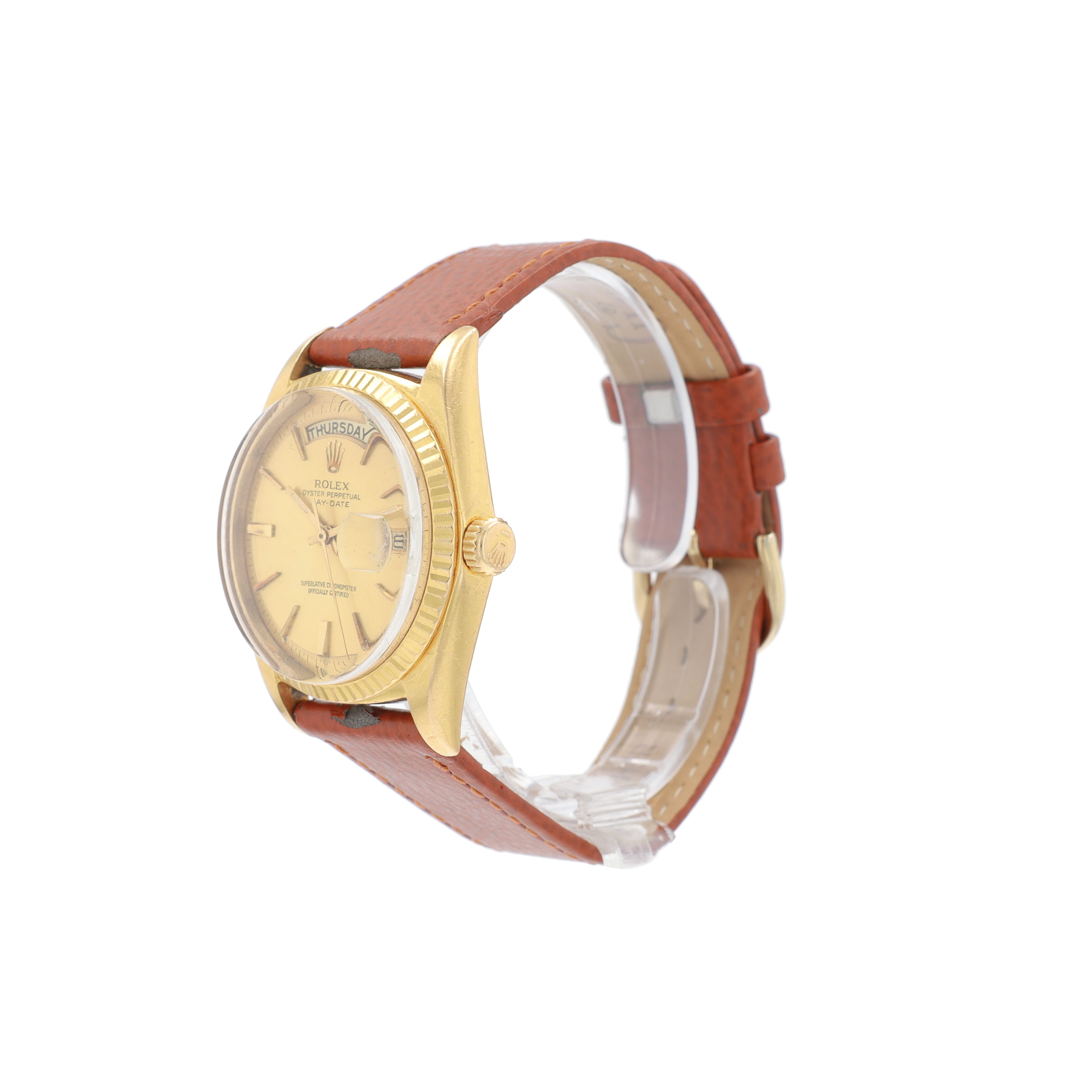 Rolex Day-Date 1803 36mm Champagne Index Dial Fluted Bezel Leather Band - Luxuriant Concierge